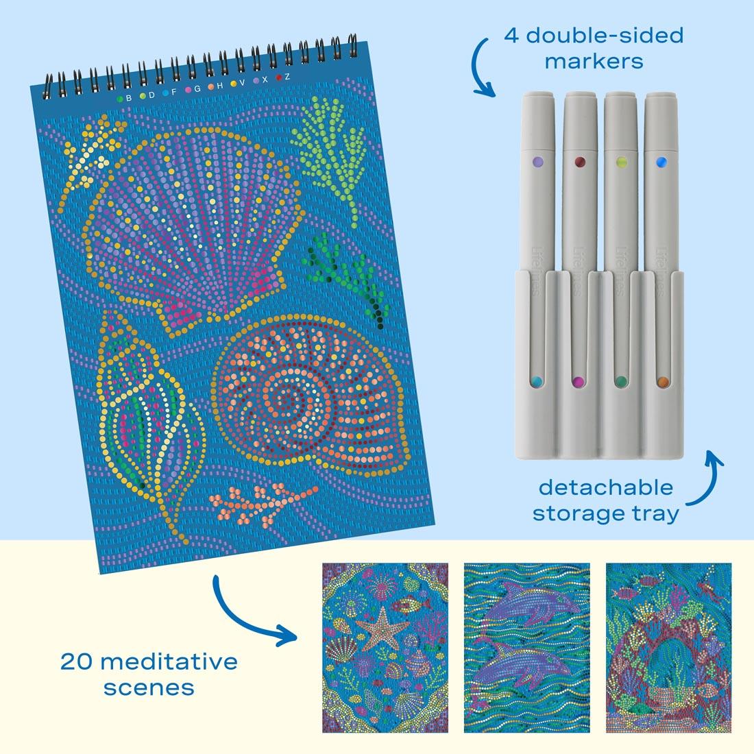 4 sample completed pages from FlowArt Dot-By-Letter Into The Deep pad by Lifelines, plus 4 double-sided markers in their storage tray