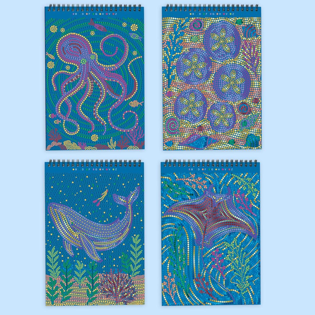 4 sample completed pages from FlowArt Dot-By-Letter Into The Deep pad by Lifelines, showing a variety of underwater scenes