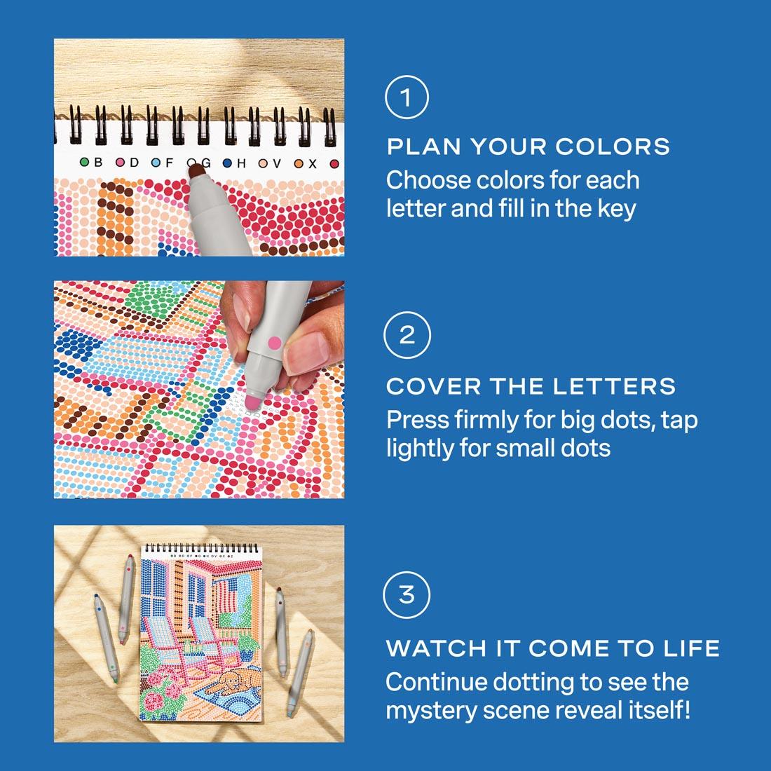 the process of FlowArt Dot-By-Letter Americana by Lifelines shown and explained in 3 steps