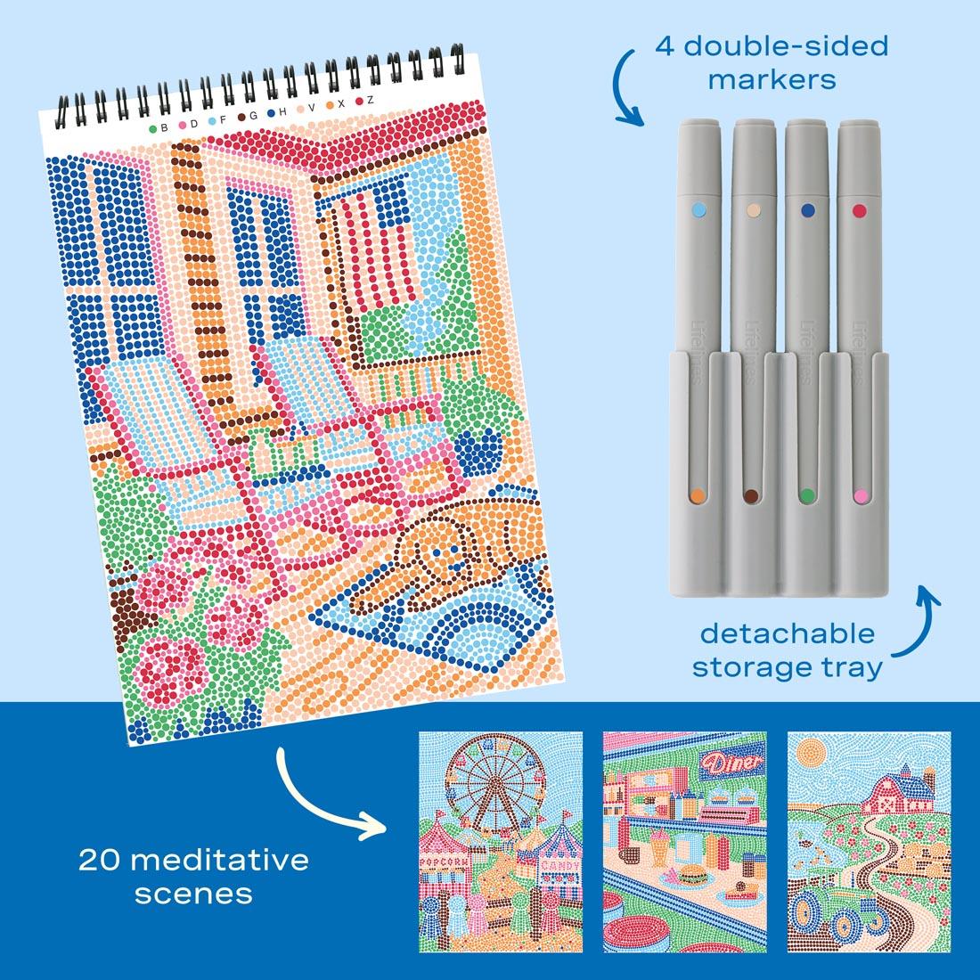 4 sample completed pages from FlowArt Dot-By-Letter Americana, plus 4 double-sided markers and words detachable storage tray; 20 meditative scenes