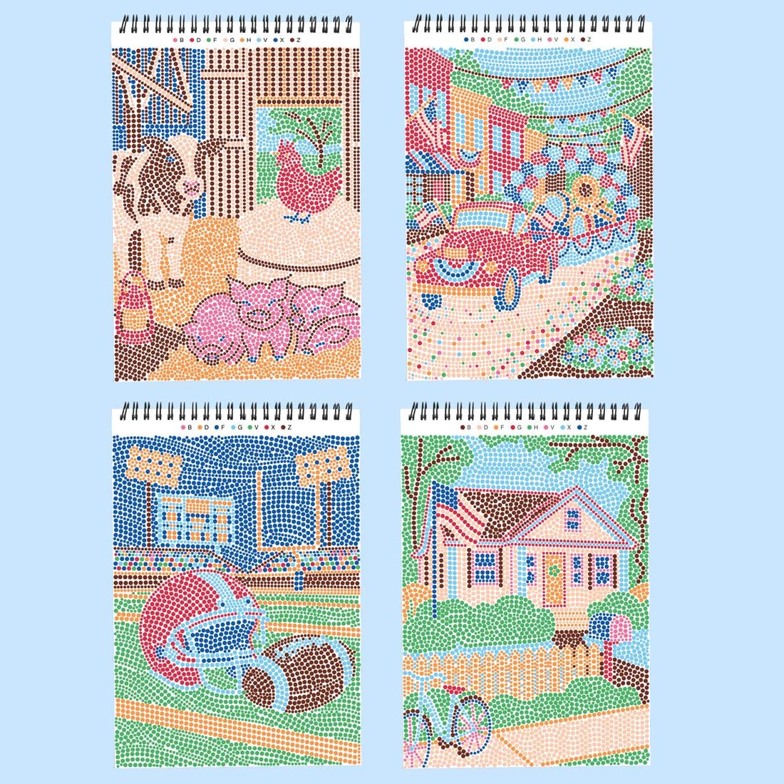 4 sample completed pages from FlowArt Dot-By-Letter Americana by Lifelines