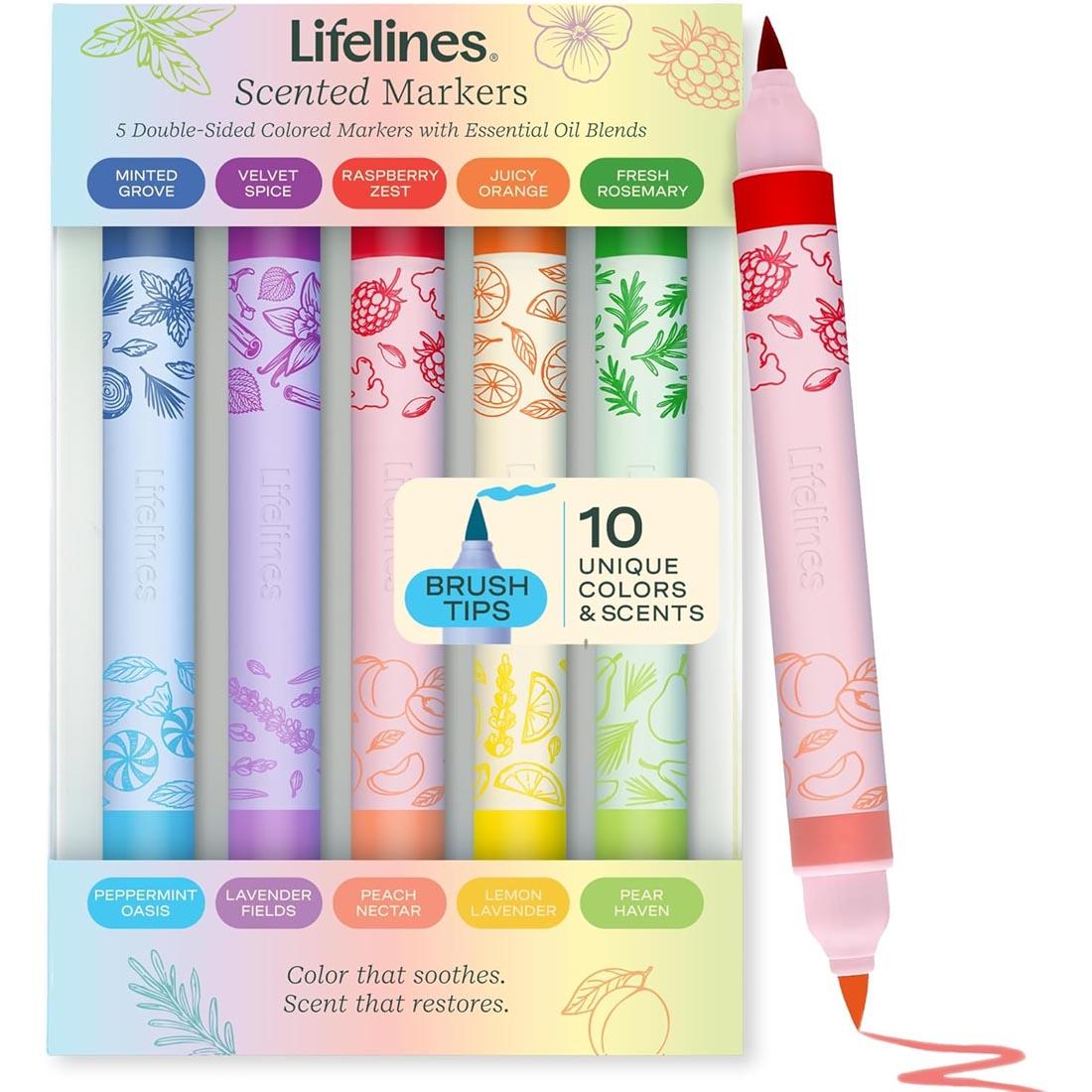 Scented Brush Markers 10-Color Set by Lifelines plus a marker with both caps off