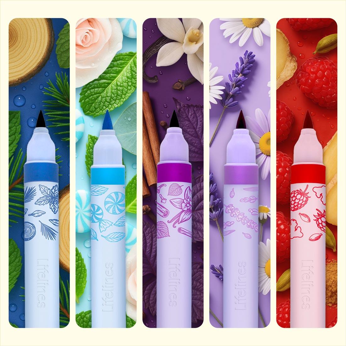 5 Scented Brush Markers with caps off, each shown on top of a collage of items that represent the color's unique scent