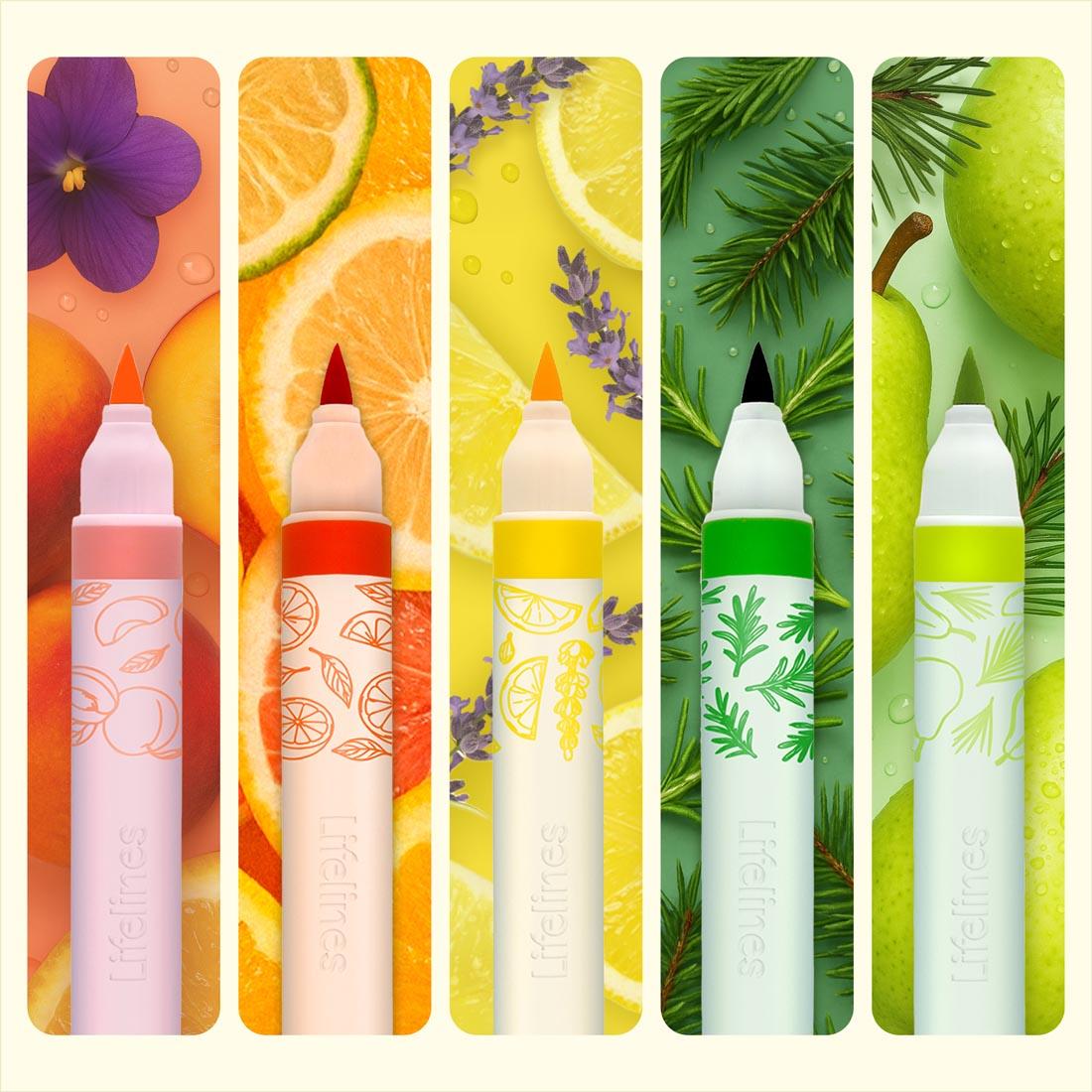 5 Scented Brush Markers with caps off, each shown on top of a collage of items that represent the color's unique scent