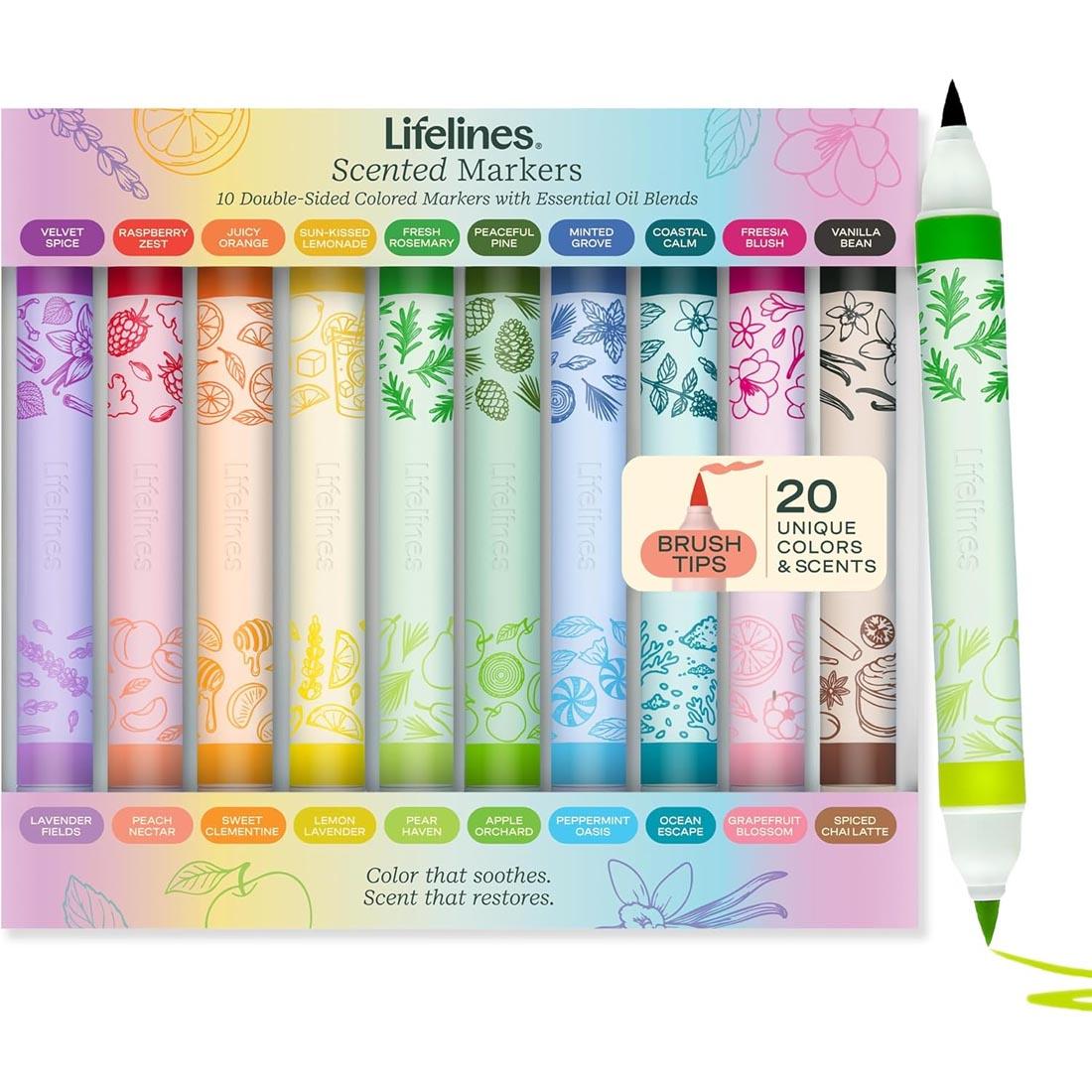 Scented Brush Markers 20-Color Set by Lifelines plus a marker with both caps off
