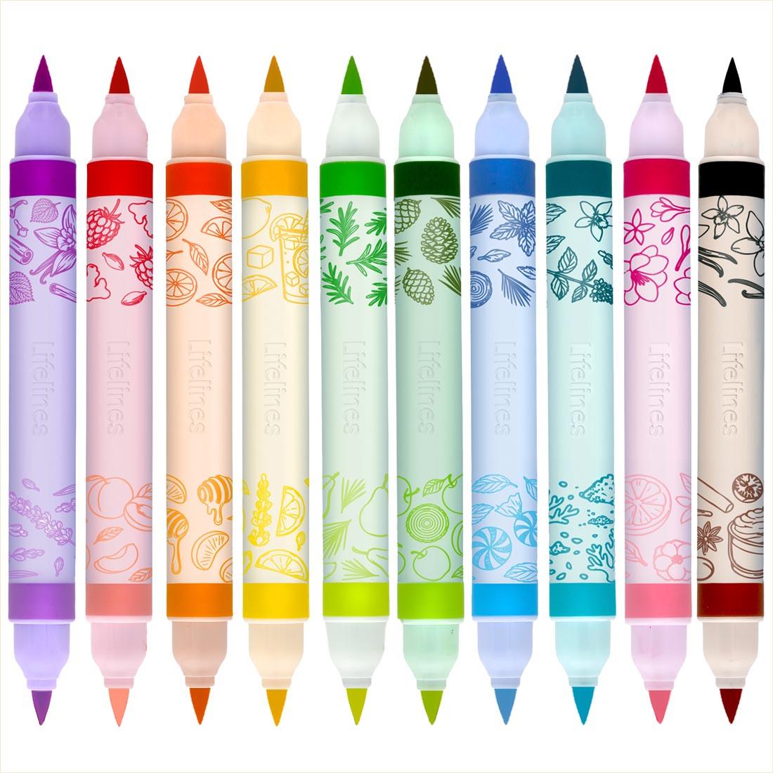 Scented Brush Markers 20-Color Set by Lifeline, showing 10 double-ended markers with caps off