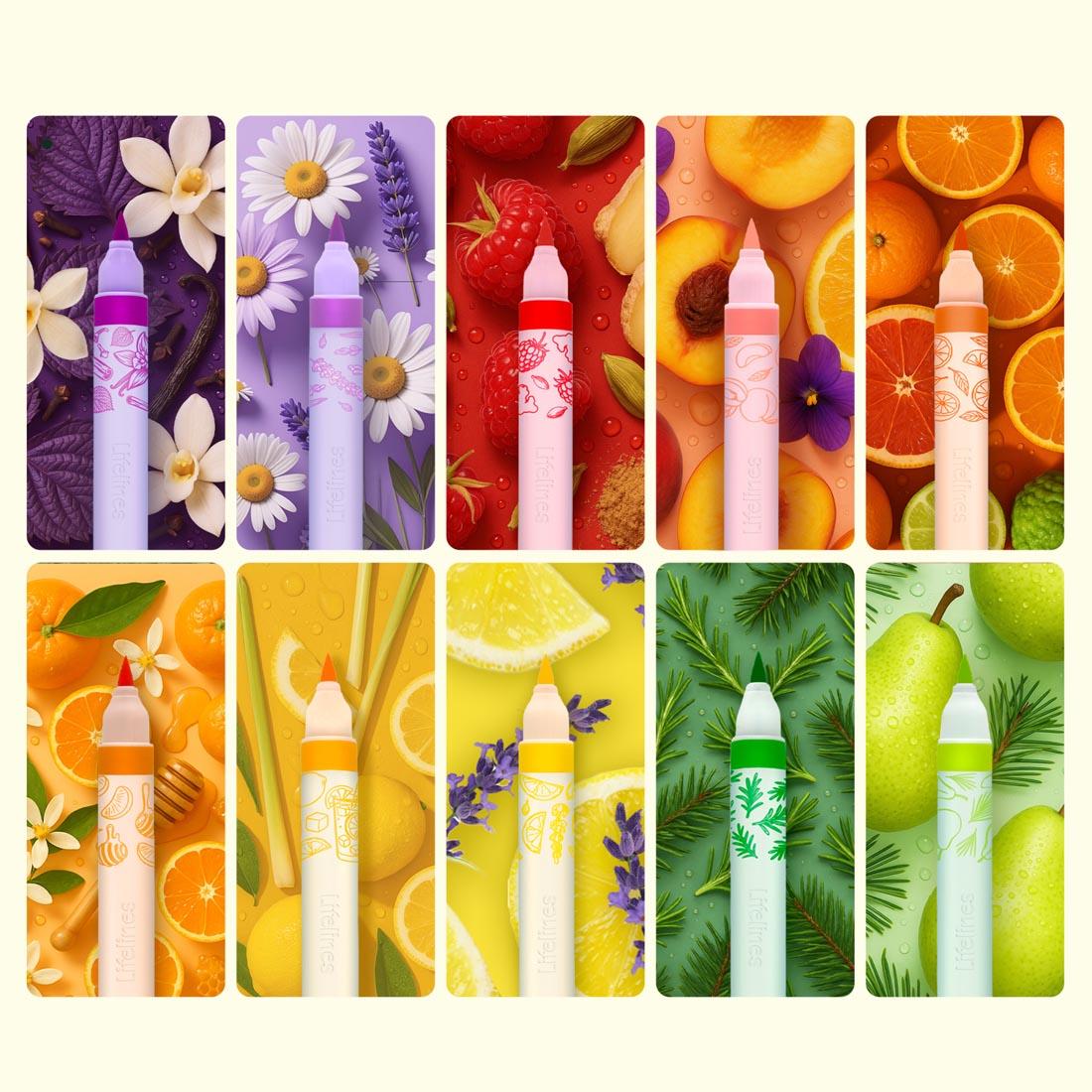 10 Scented Brush Markers with caps off, each shown on top of a collage of items that represent the color's unique scent