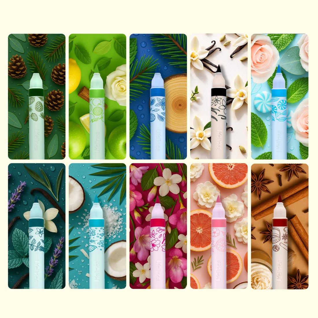 10 Scented Brush Markers with caps off, each shown on top of a collage of items that represent the color's unique scent