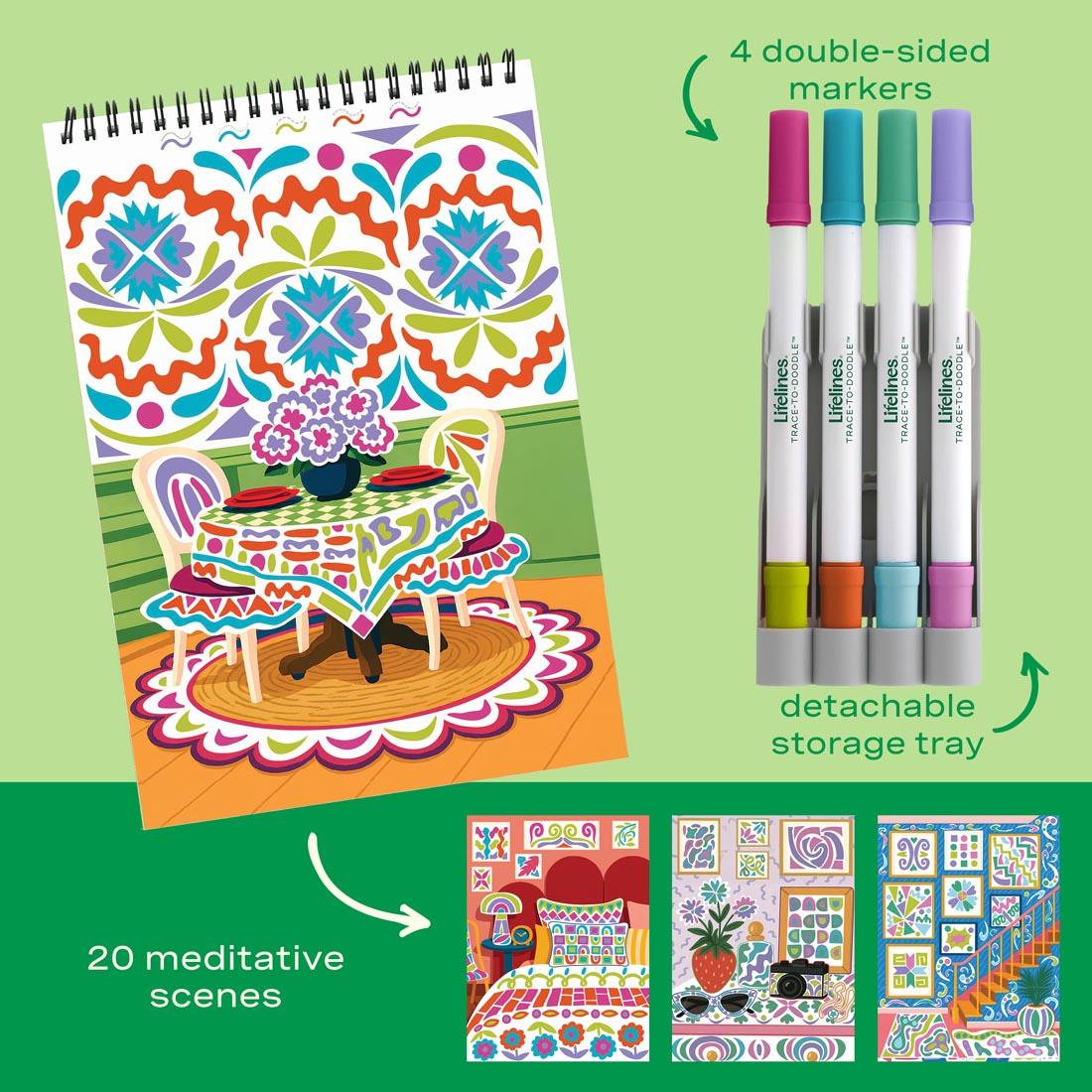 4 sample completed pages from FlowArt Trace-To-Doodle Style Your Space pad by Lifelines, plus 4 double-sided markers in their storage tray