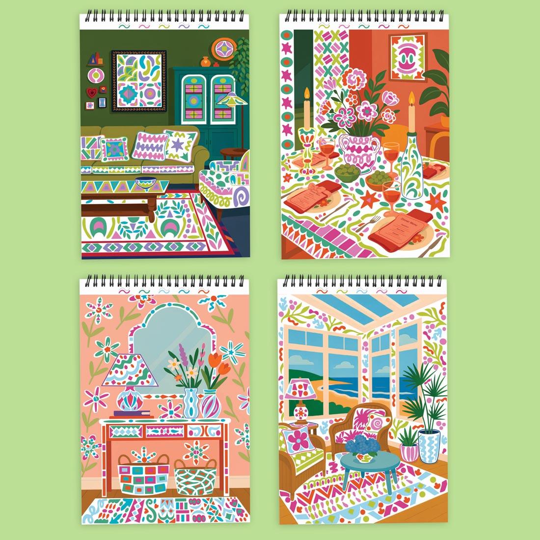 4 sample completed pages from FlowArt Trace-To-Doodle Style Your Space pad by Lifelines, showing several different rooms