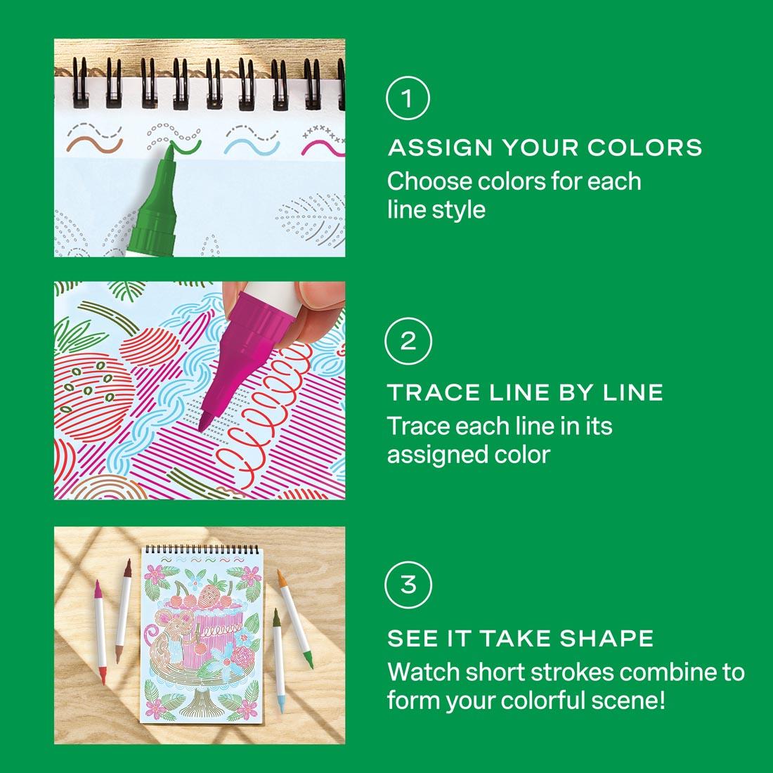 3 steps for completing FlowArt Trace-By-Line images, with words and a picture for each step
