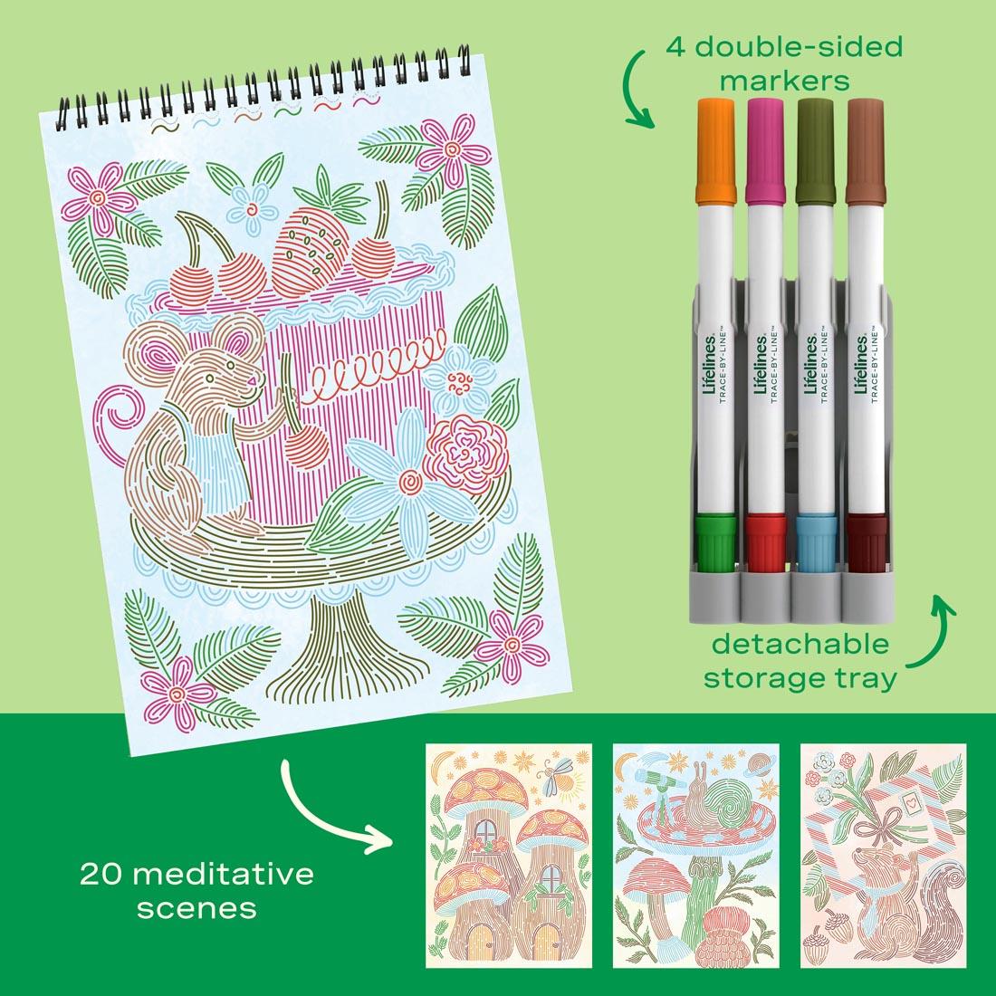 4 sample completed pages from FlowArt Trace-By-Line Woodland Whimsy pad by Lifelines, plus 4 double-sided markers in their storage tray