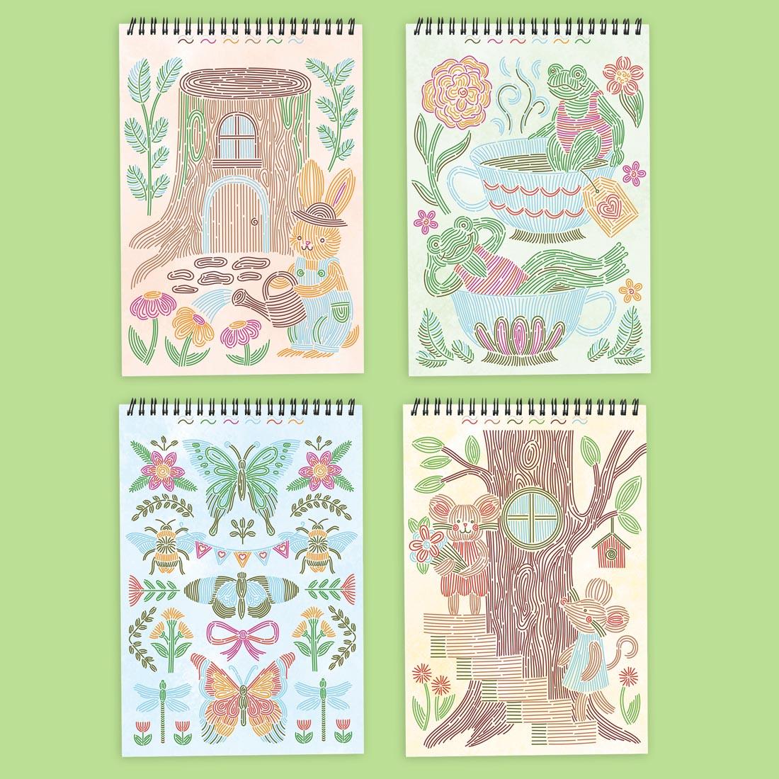 4 sample completed pages from FlowArt Trace-By-Line Woodland Whimsy pad by Lifelines, showing animals and nature
