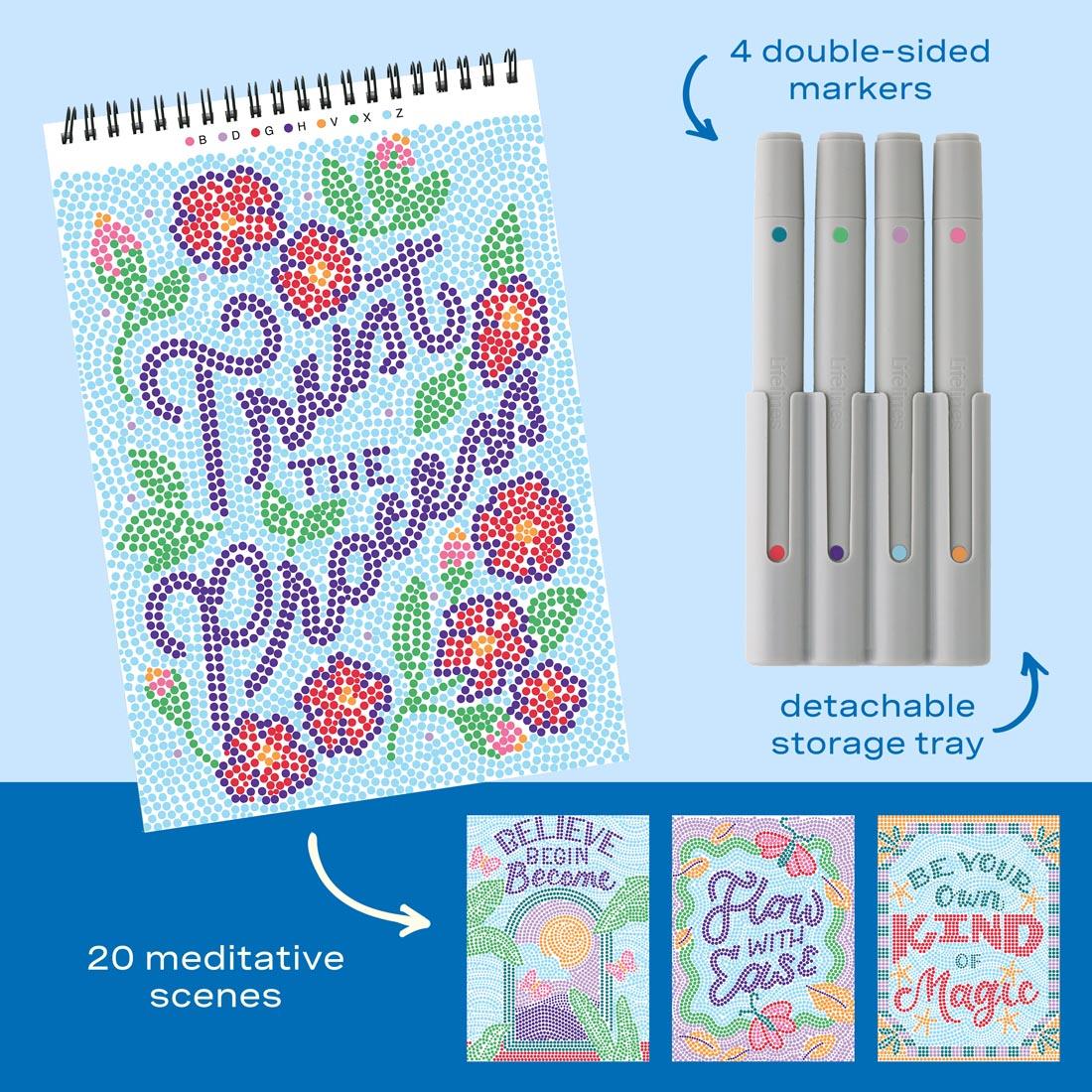 text and arrows labeling features of the FlowArt Dot-By-Letter Everyday Inspirations: 4 double-sided markers; detachable storage tray; 20 meditative scenes