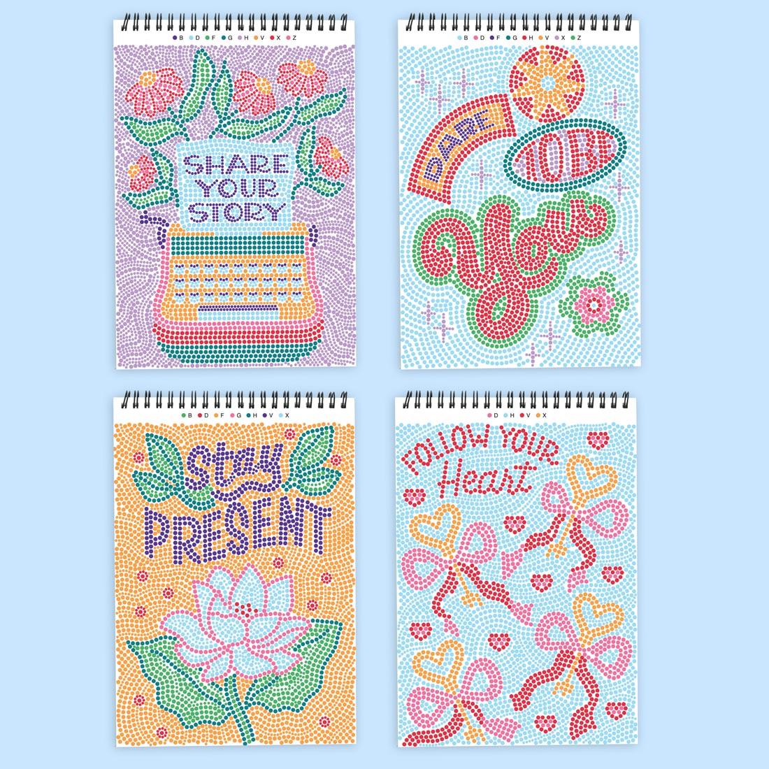 4 sample completed scenes from the FlowArt Dot-By-Letter Everyday Inspirations by Lifelines