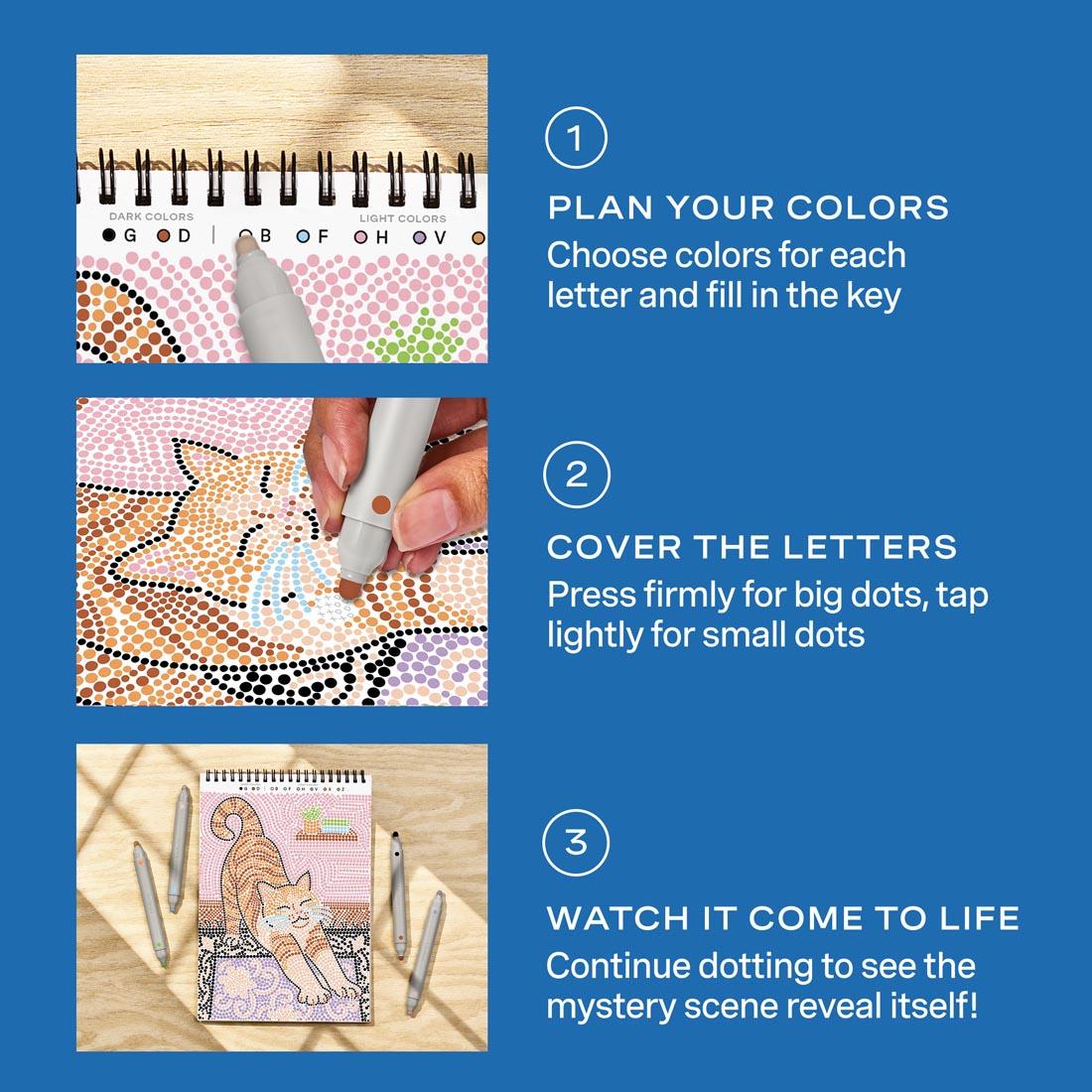 3-step infographic explaining how to use Wags & Whiskers Dot-By-Letter FlowArt by Lifelines