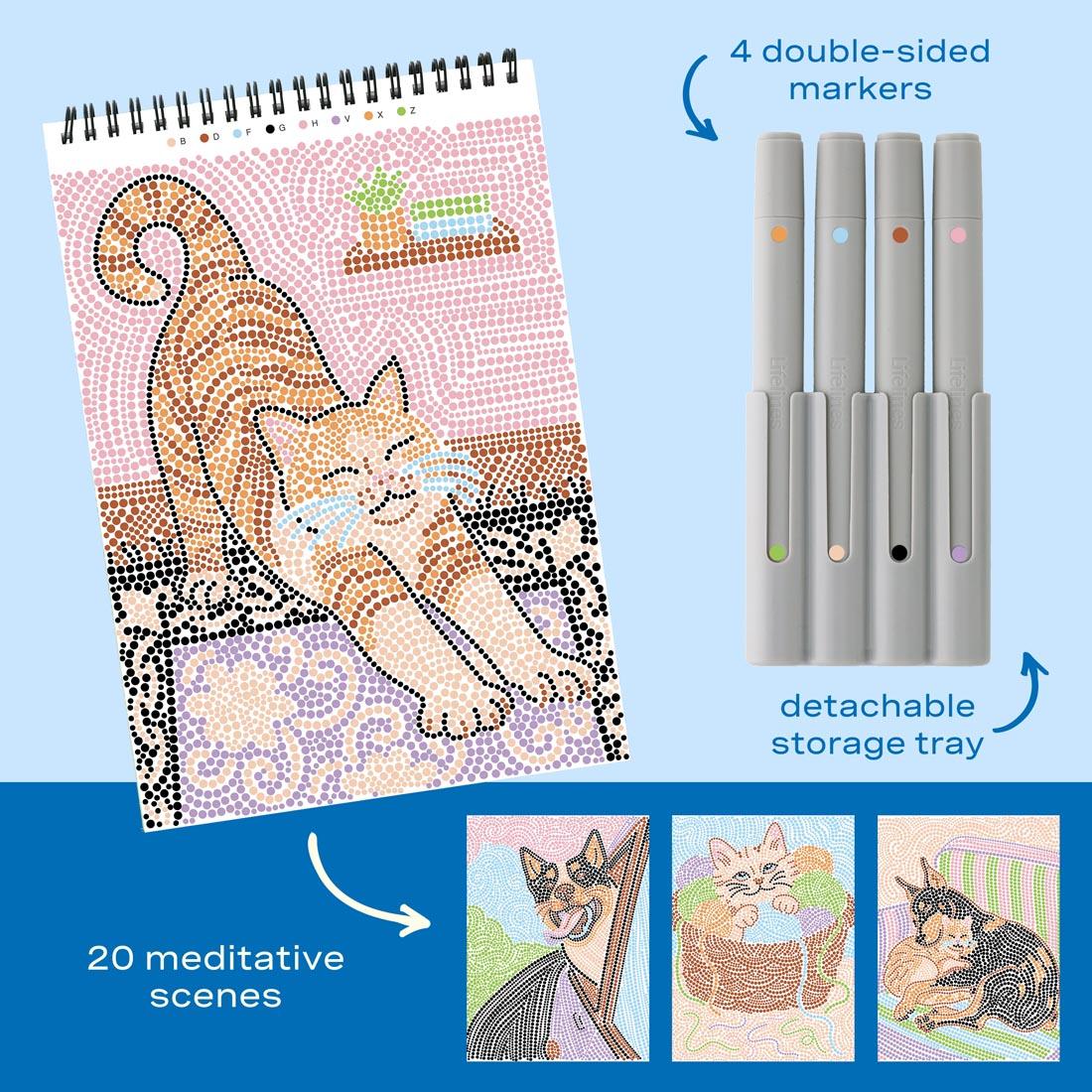 4 completed examples made with Wags & Whiskers Dot-By-Letter FlowArt plus markers and text 4 double-sided markers; detachable storage tray; 20 meditative scenes