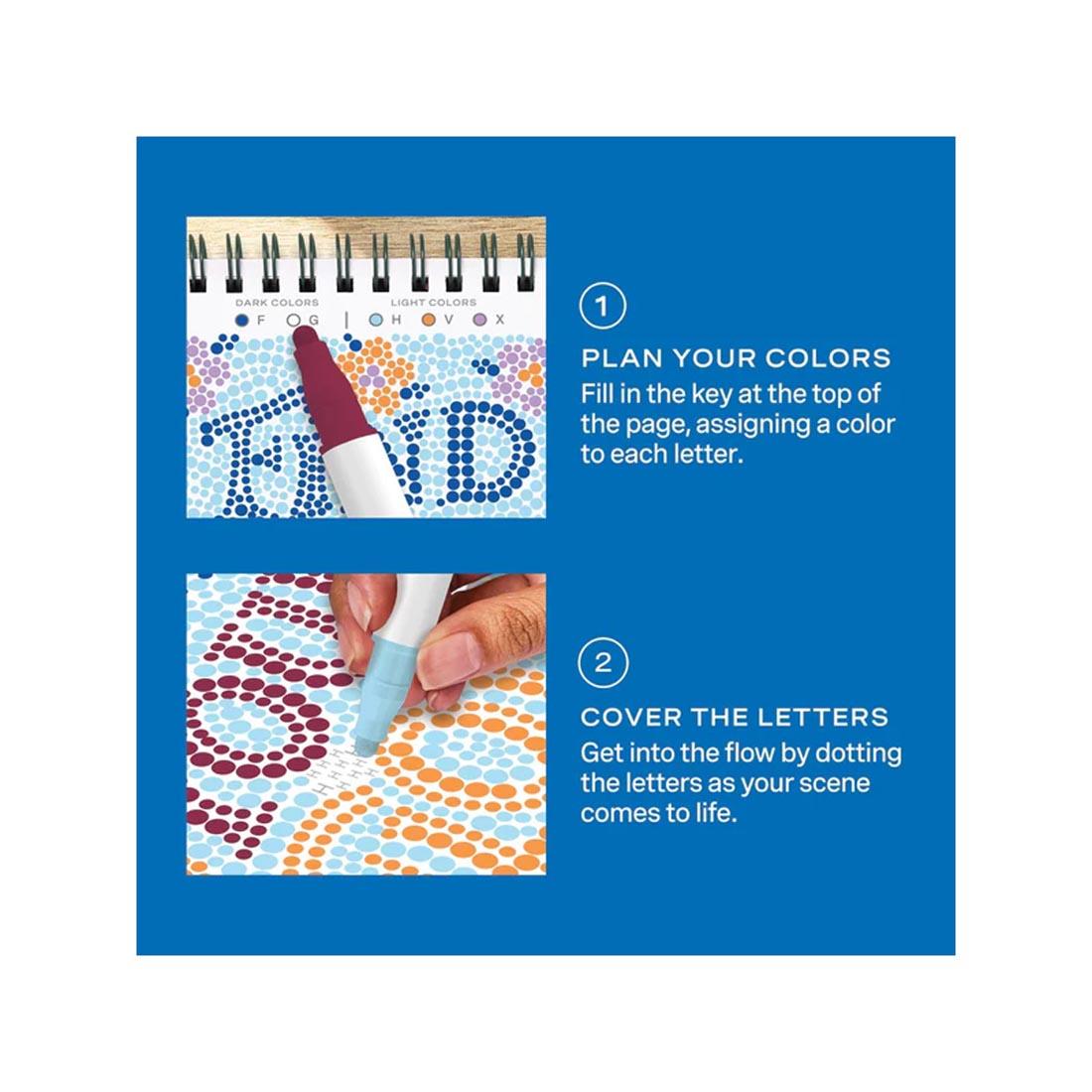 2-step infographic explaining how to use Pocket Positivity Mini Dot-By-Letter FlowArt by Lifelines