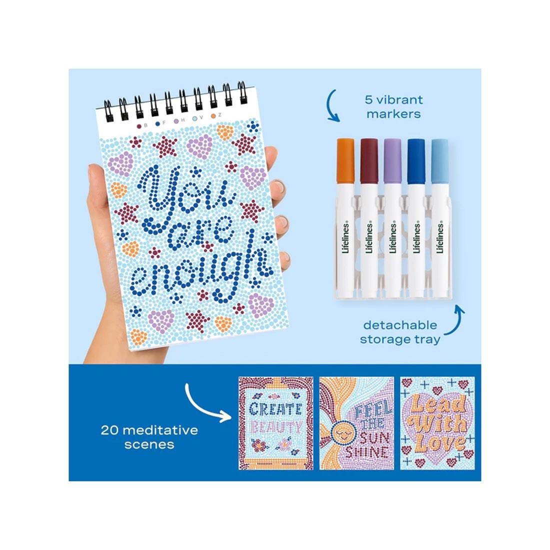 4 completed examples made with Pocket Positivity Mini Dot-By-Letter FlowArt plus markers and text 5 vibrant markers; detachable storage tray; 20 meditative scenes