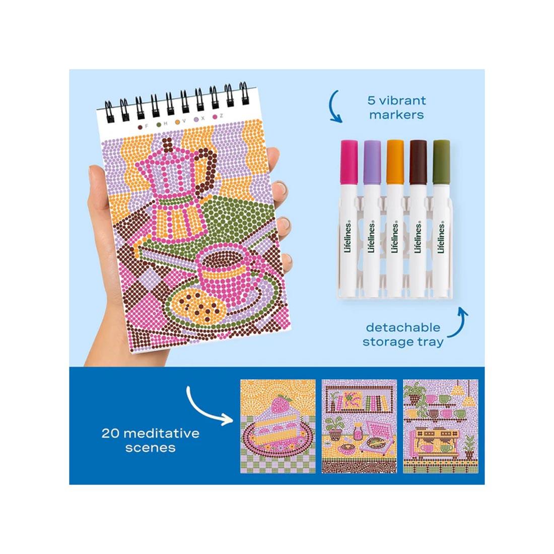 4 completed examples made with Café Comforts Mini Dot-By-Letter FlowArt plus markers and text 5 vibrant markers; detachable storage tray; 20 meditative scenes