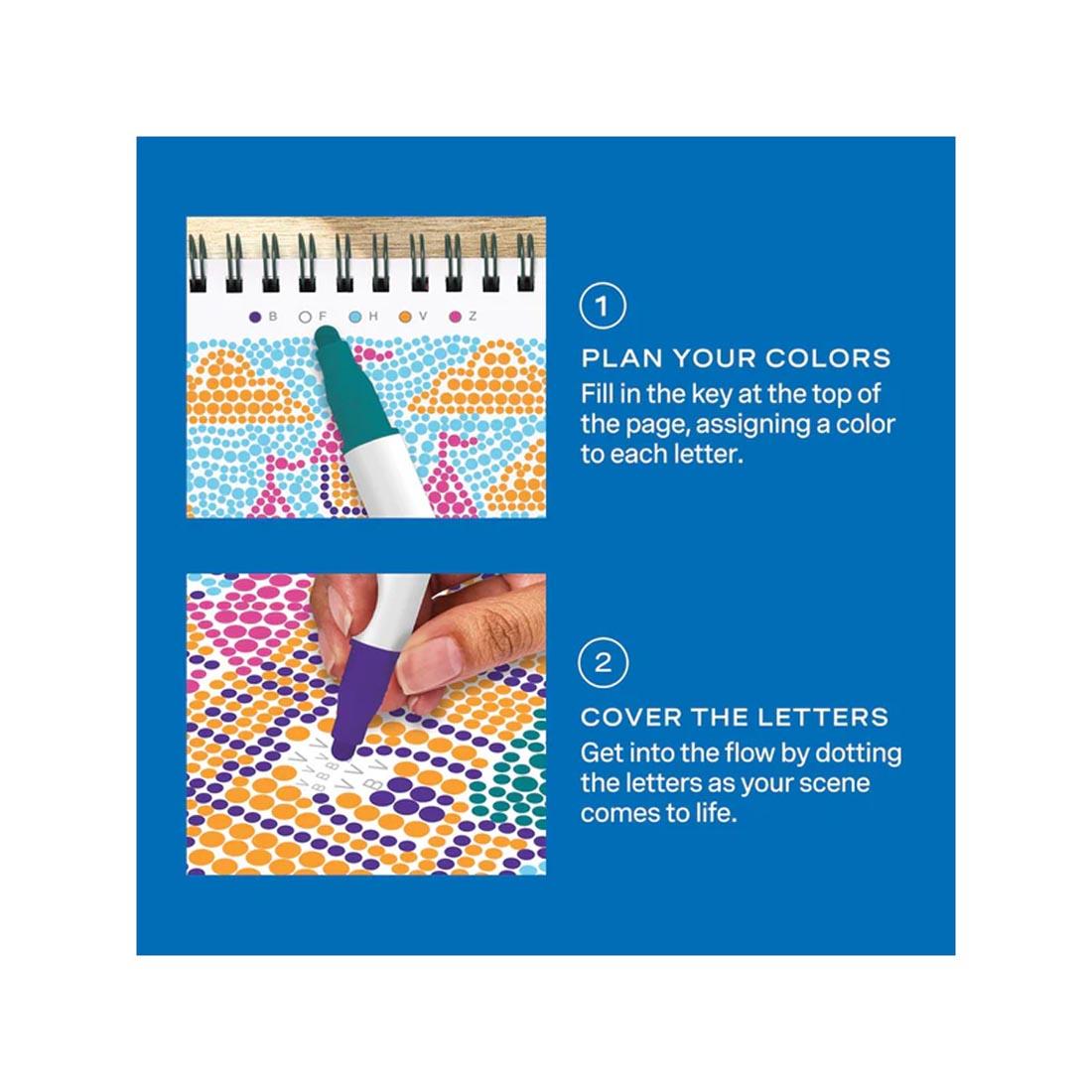 2-step infographic explaining how to use Enchanted Magic Mini Dot-By-Letter FlowArt by Lifelines