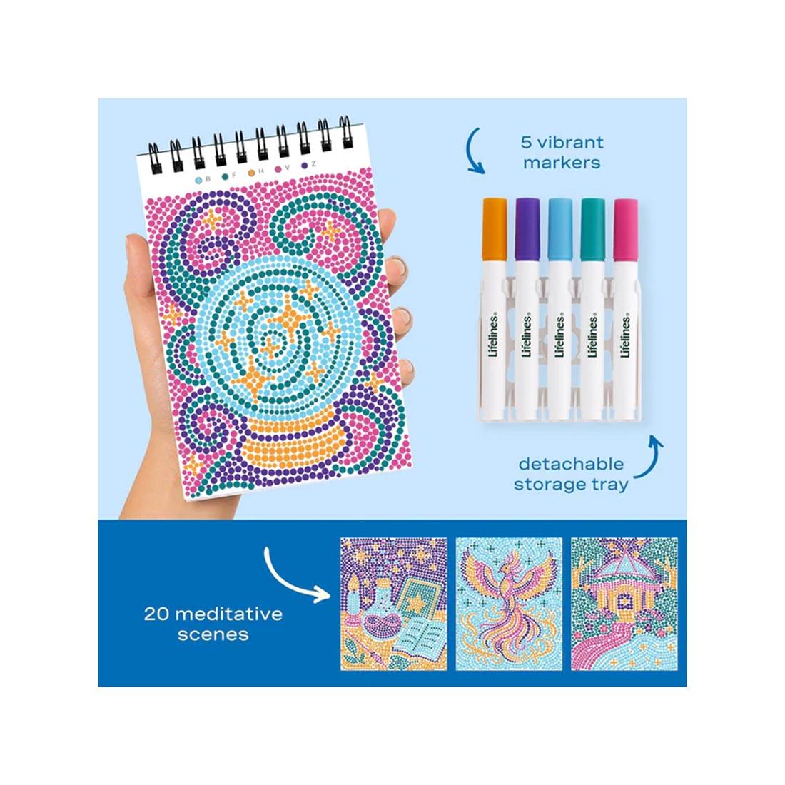 4 completed examples made with Enchanted Magic Mini Dot-By-Letter FlowArt plus markers and text 5 vibrant markers; detachable storage tray; 20 meditative scenes