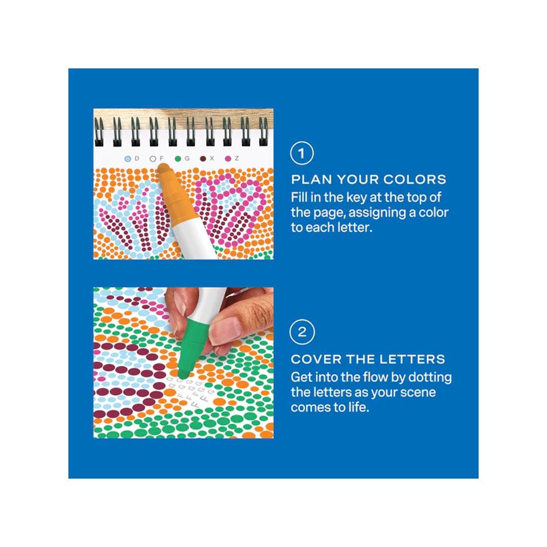 2-step infographic explaining how to use Pretty Petals Mini Dot-By-Letter FlowArt by Lifelines
