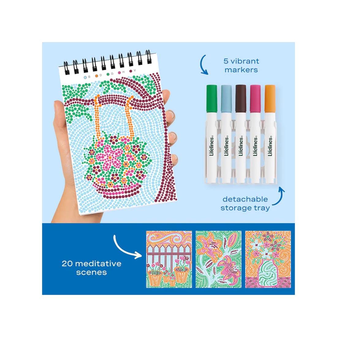 4 completed examples made with Pretty Petals Mini Dot-By-Letter FlowArt plus markers and text 5 vibrant markers; detachable storage tray; 20 meditative scenes