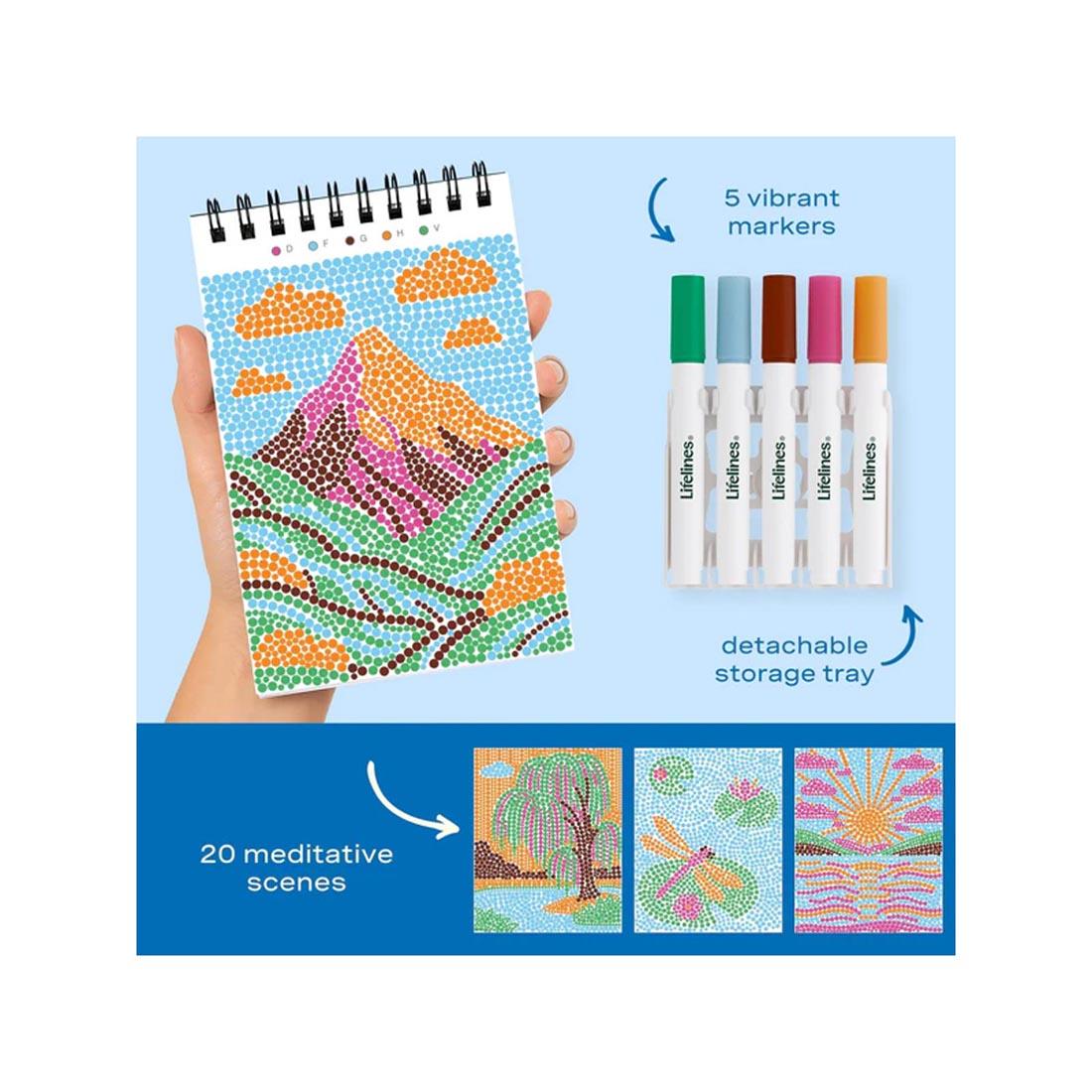 4 completed examples made with Nature's Wonders Mini Dot-By-Letter FlowArt plus markers and text 5 vibrant markers; detachable storage tray; 20 meditative scenes