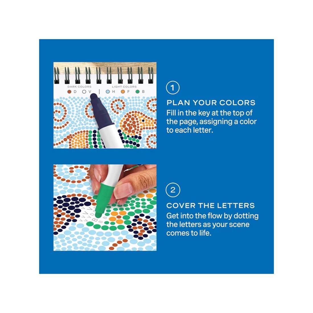 2-step infographic explaining how to use Furry Friends Mini Dot-By-Letter FlowArt by Lifelines
