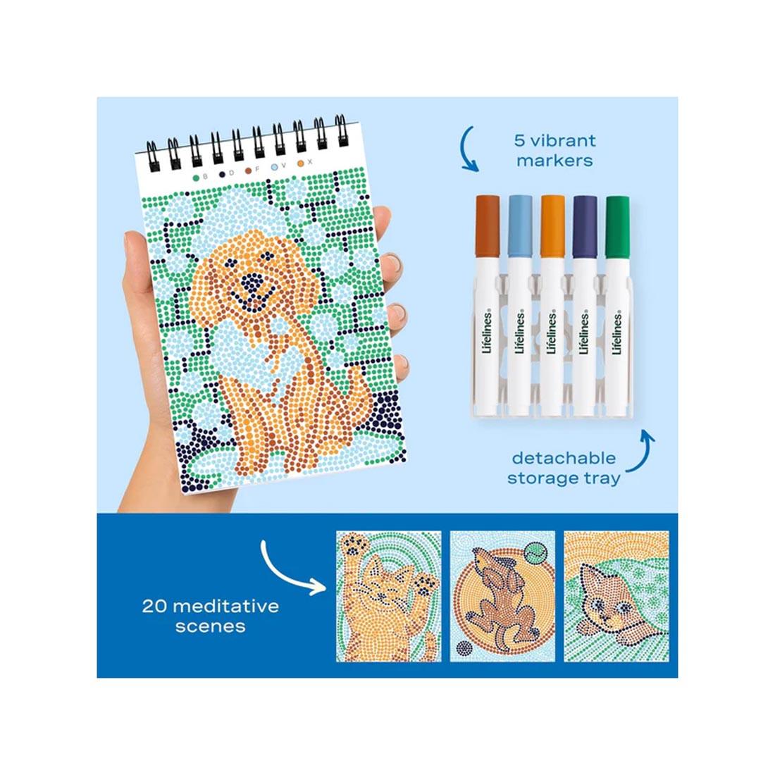 4 completed examples made with Furry Friends Mini Dot-By-Letter FlowArt plus markers and text 5 vibrant markers; detachable storage tray; 20 meditative scenes
