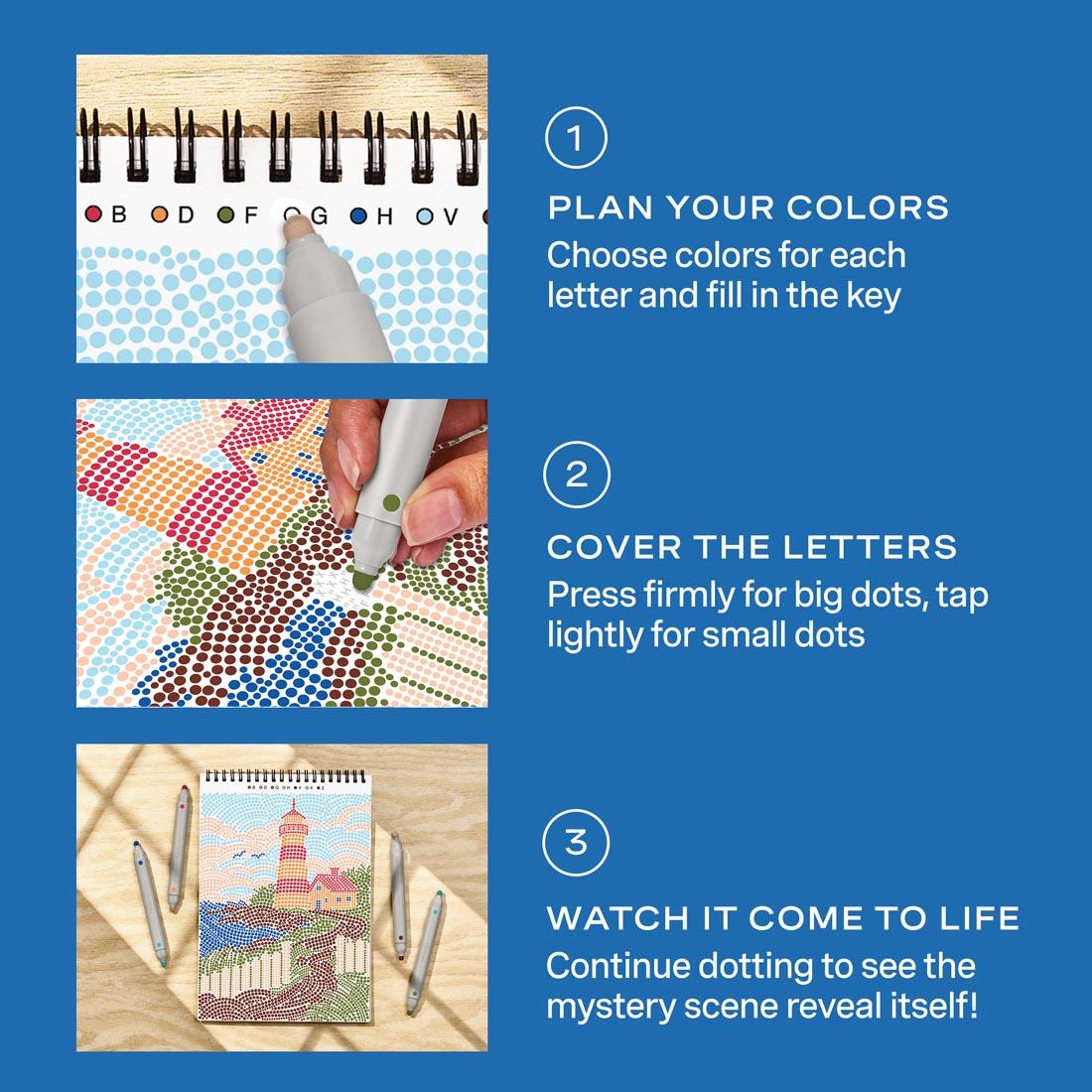 3-step infographic explaining how to use Day At The Beach Dot-By-Letter FlowArt by Lifelines