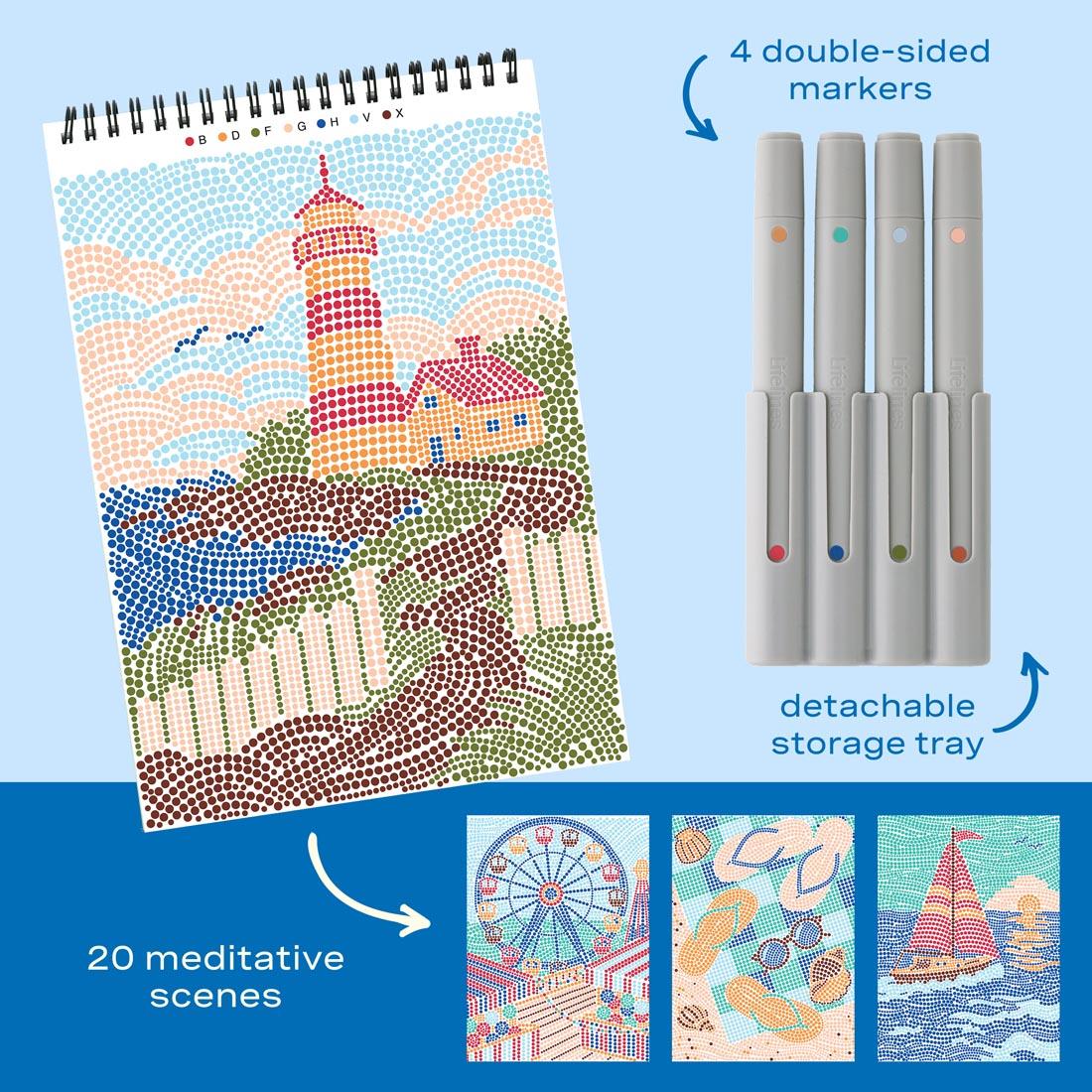 4 completed examples from Day At The Beach Dot-By-Letter FlowArt by Lifelines plus markers and the text 4-double-sided markers; detachable storage tray; 20 meditative scenes