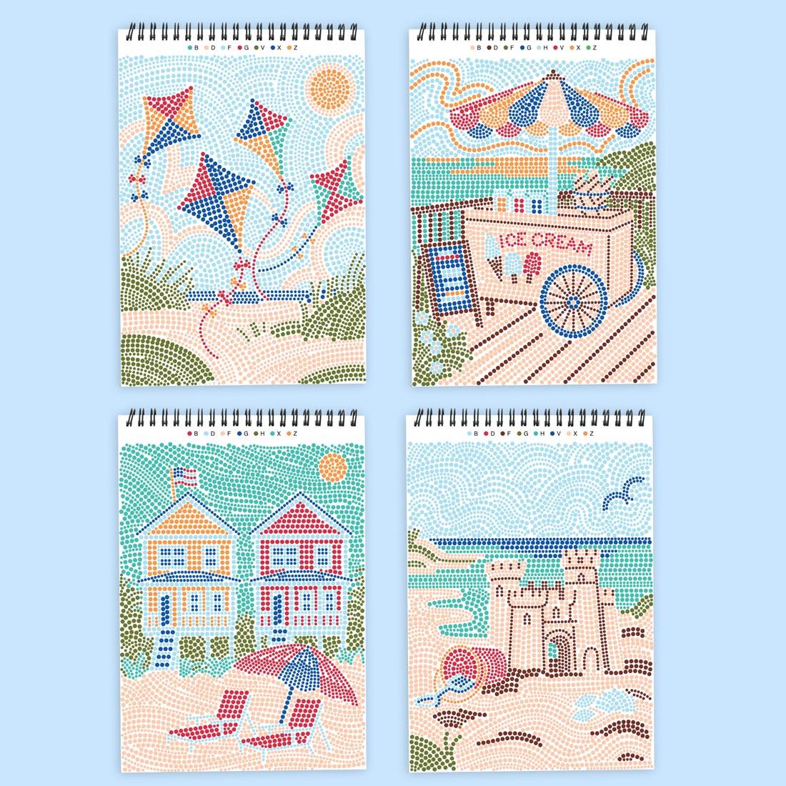 4 completed examples from Day At The Beach Dot-By-Letter FlowArt by Lifelines