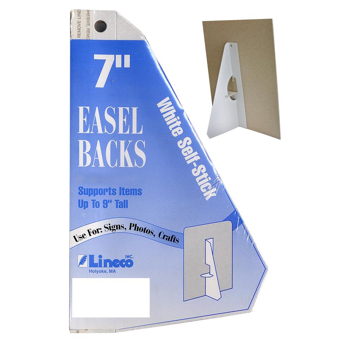 Package of 7" Lineco Self-Stick Easels with an inset picture of one in use