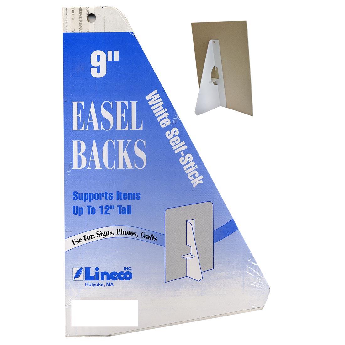 Package of 9" Lineco Self-Stick Easels with an inset picture of one in use