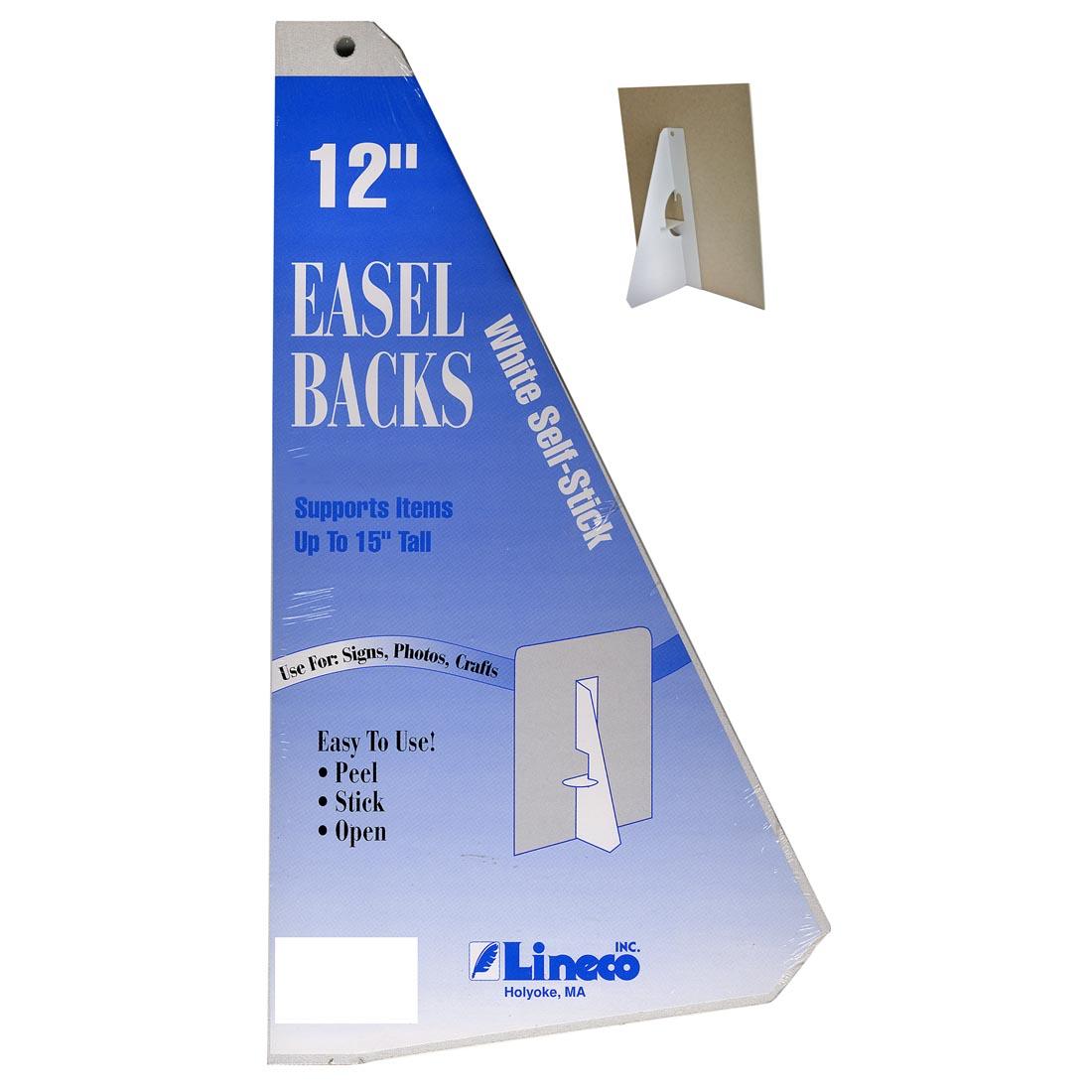 Package of 12" Lineco Self-Stick Easels with an inset picture of one in use