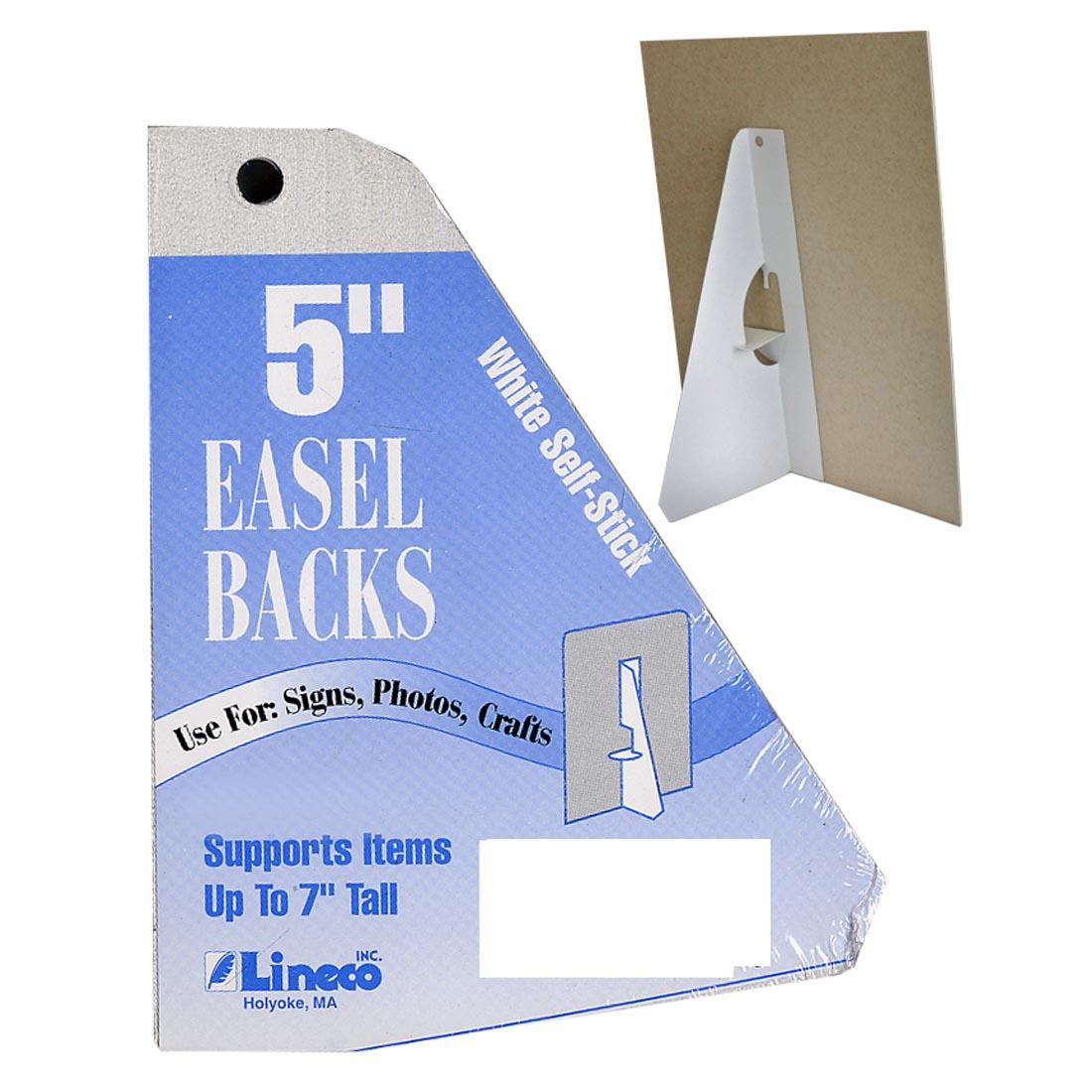 Package of 5" Lineco Self-Stick Easels with an inset picture of one in use
