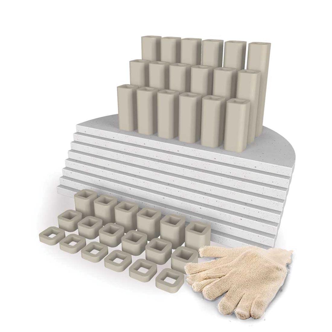 Furniture Kit For School-Master Low-Fire Kiln, showing shelves, posts and gloves