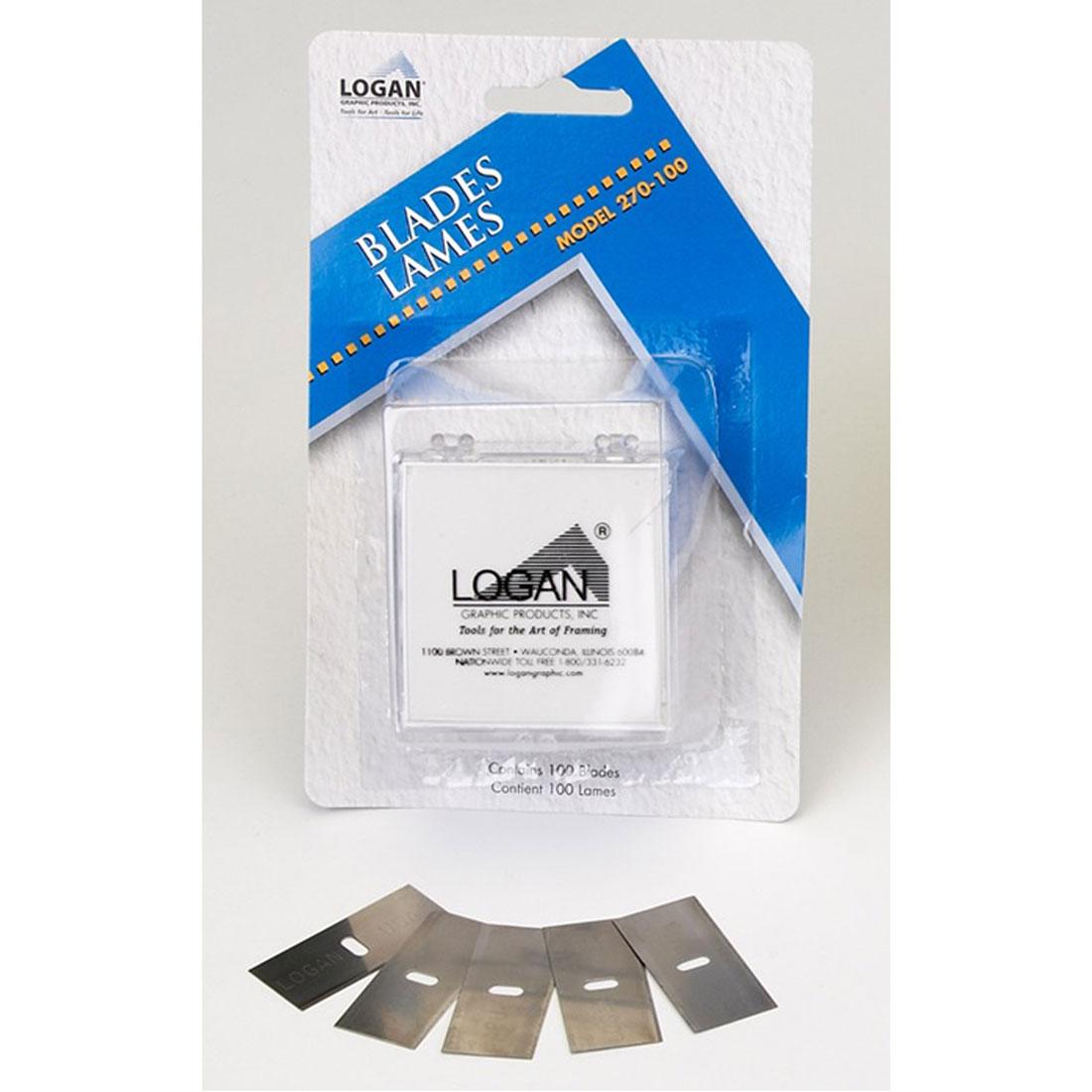 5 blades on the table in front of the Logan 270 Mat Cutter Blades 100-Pack