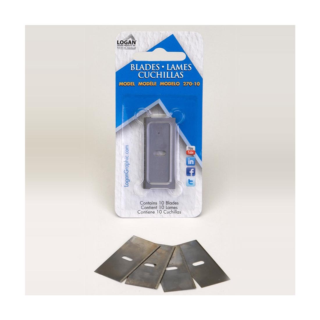 4 blades on the table in front of the Logan 270 Mat Cutter Blades 10-Count Package