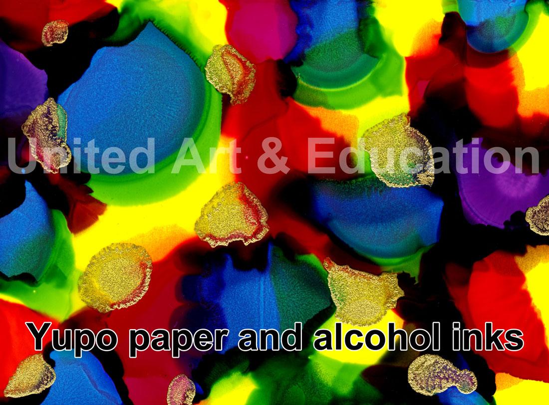 YUPO Paper in use with text overlay United Art & Education Yupo paper and alcohol inks
