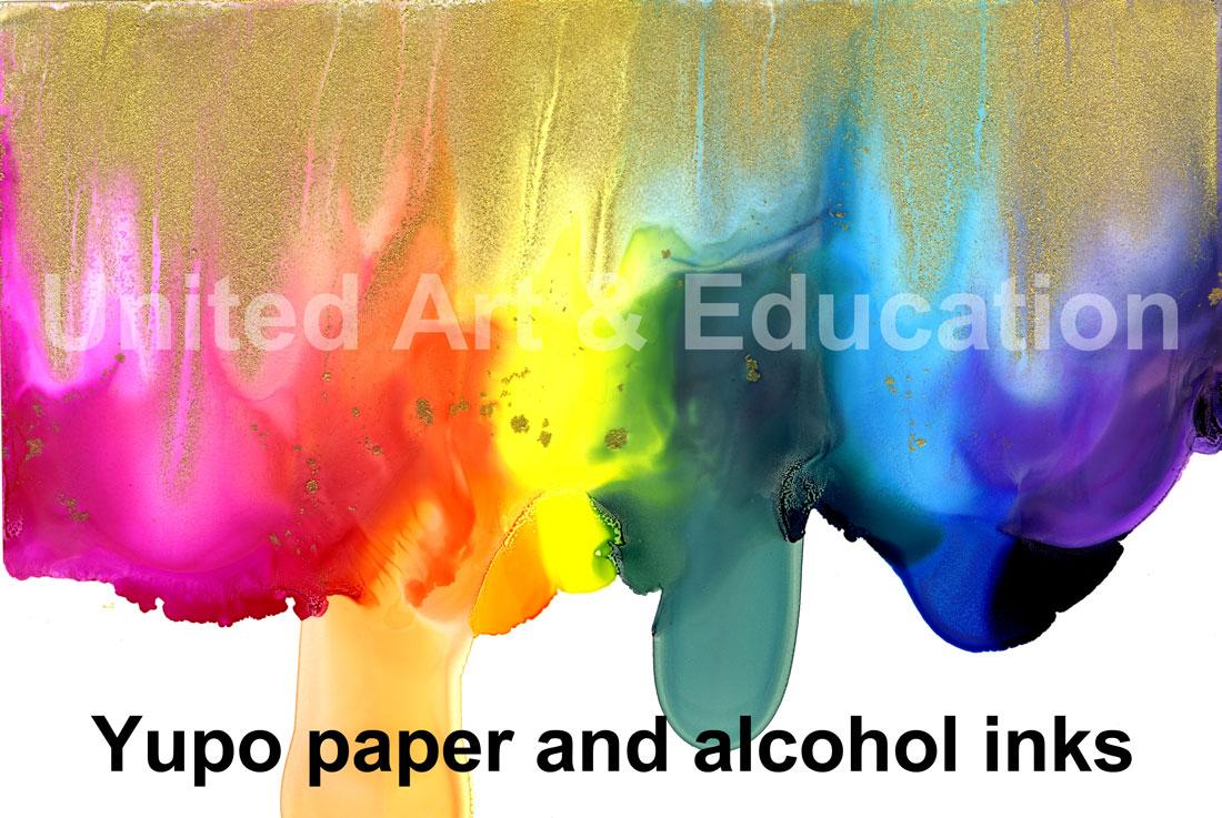 YUPO Paper in use with text overlay United Art & Education Yupo paper and alcohol inks