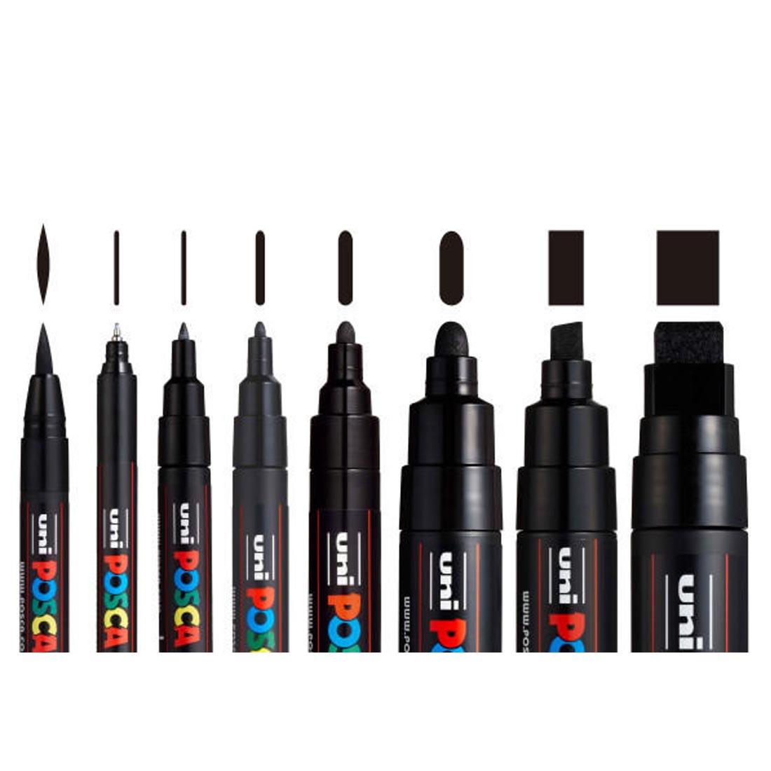 markers with their line widths drawn from the Posca 8-Count Black Paint Marker Set