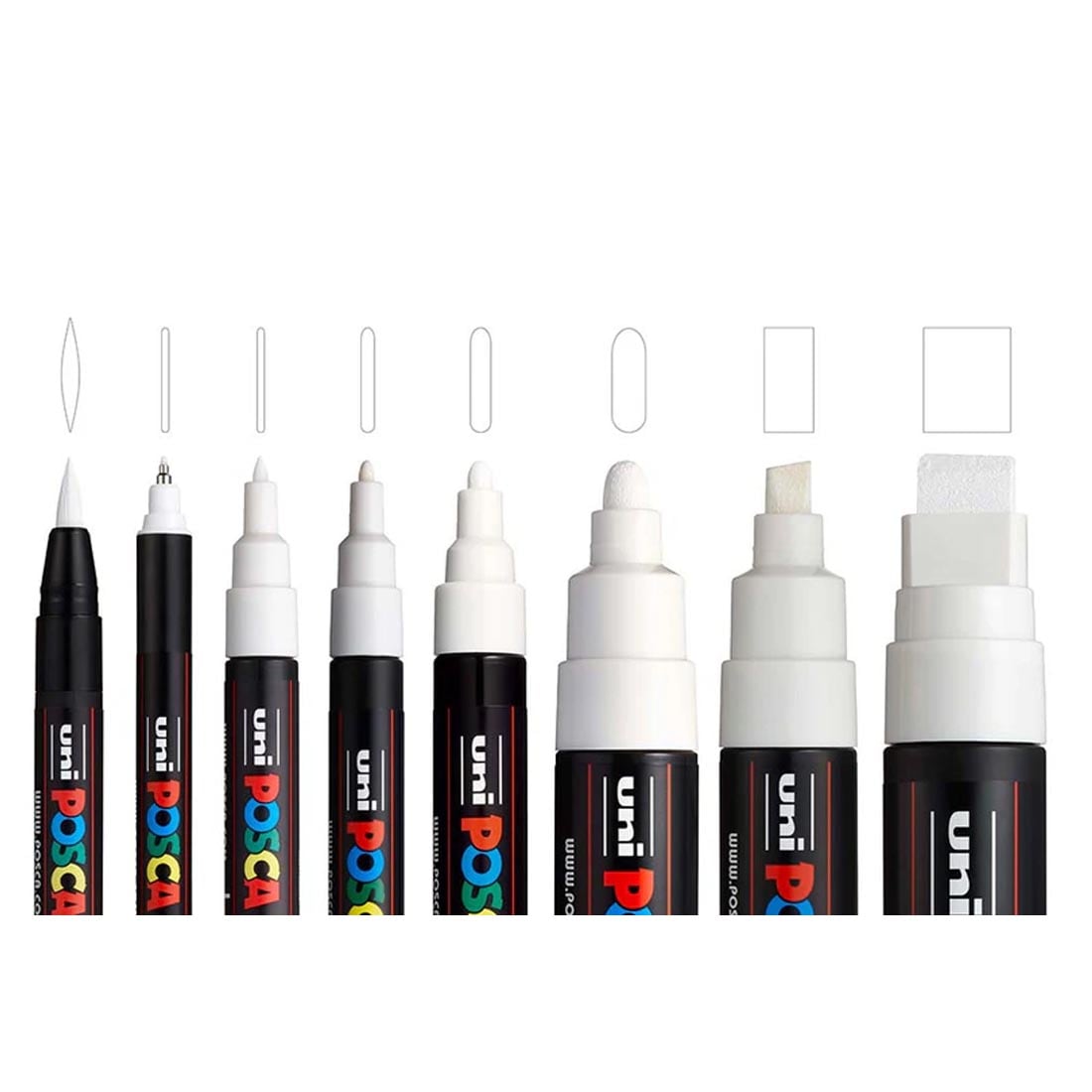 markers with their line widths outlined from the Posca 8-Count White Paint Marker Set