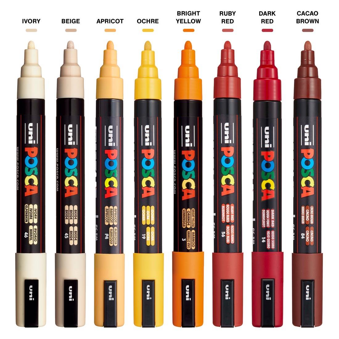 Posca Medium Point 8-Color Warm Paint Marker Set, shown with caps off, plus a color swatch and name above each tip