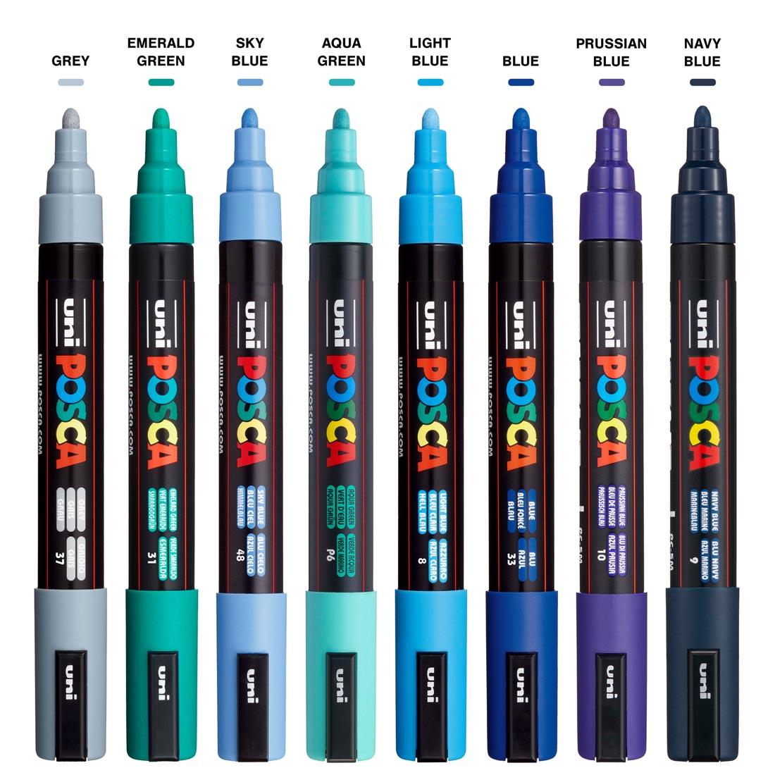 Posca Medium Point 8-Color Cool Paint Marker Set, shown with caps off, plus a color swatch and name above each tip