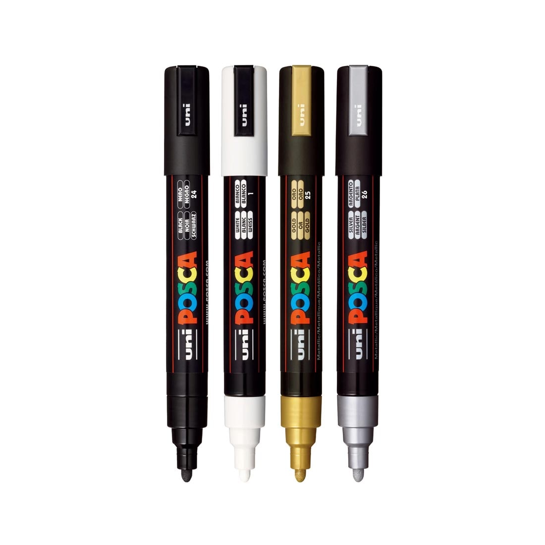 black, white, gold and silver Posca Medium Point Paint Markers with lids off