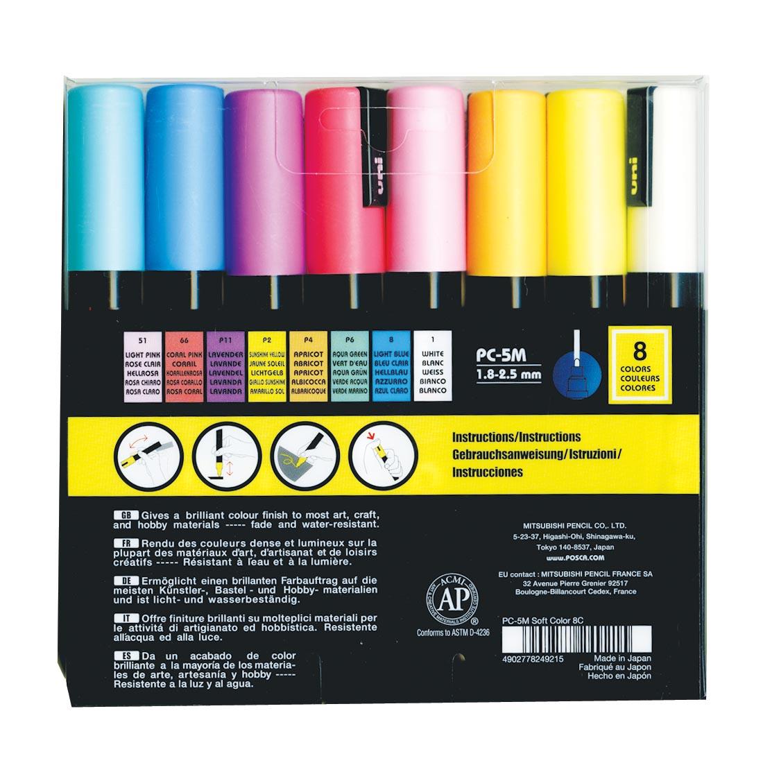 Back of package of the Posca Medium Point 8-Color Soft Colors Paint Marker Set