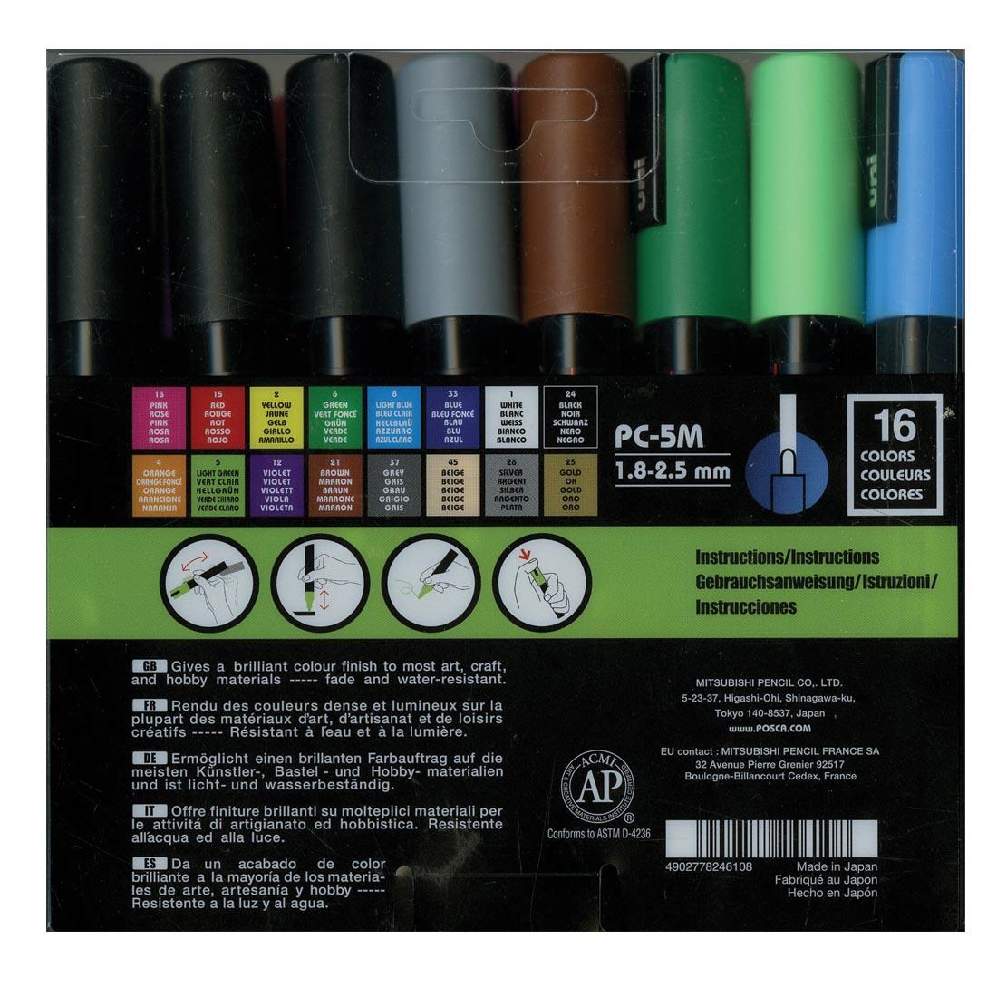 Back of package of the Posca Medium Point 16-Color Paint Marker Set